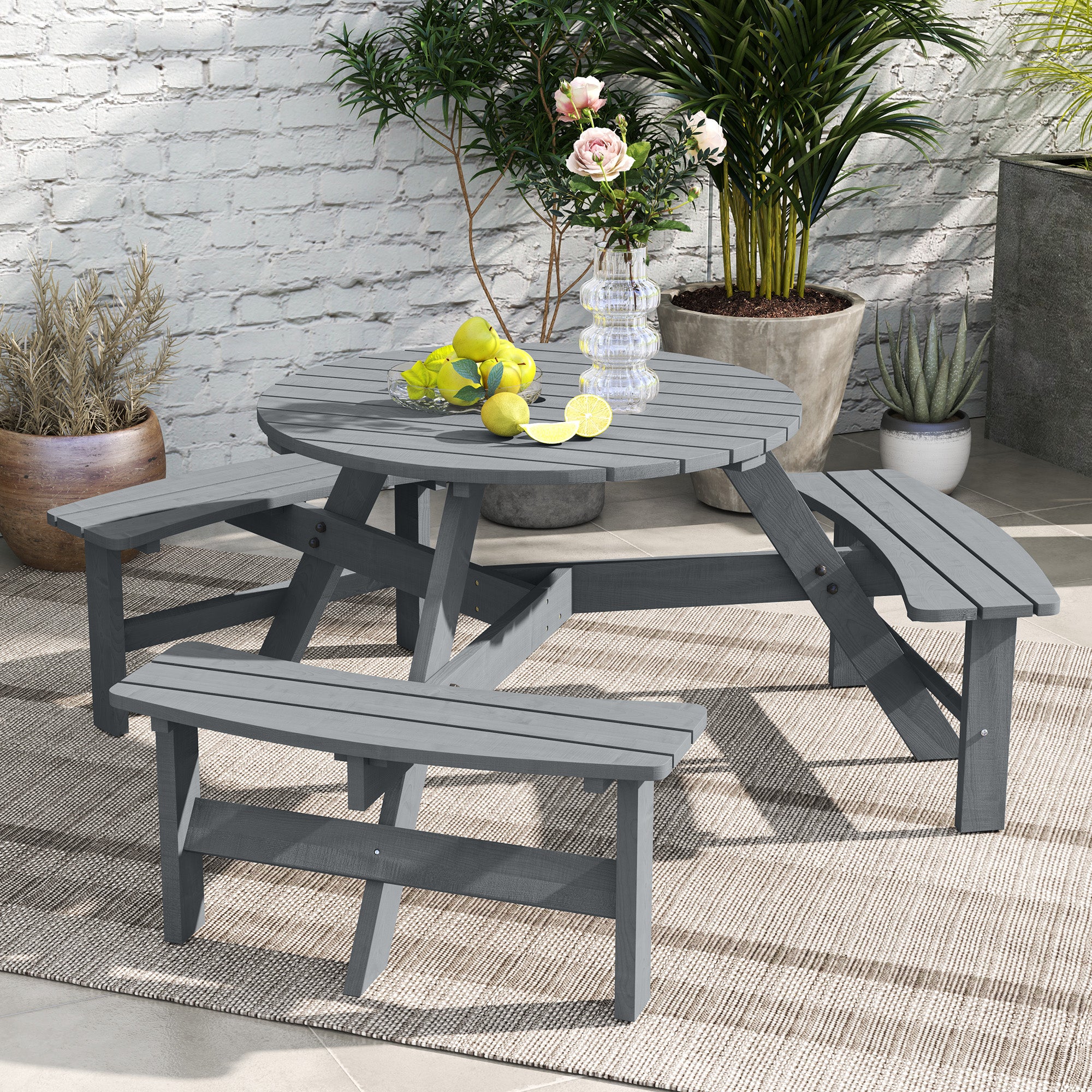 6 Person Round Picnic Table Bench Set with Umbrella Hole, Wood Patio Table with 3 Built-in Benches for Garden, Deck, Backyard, Grey