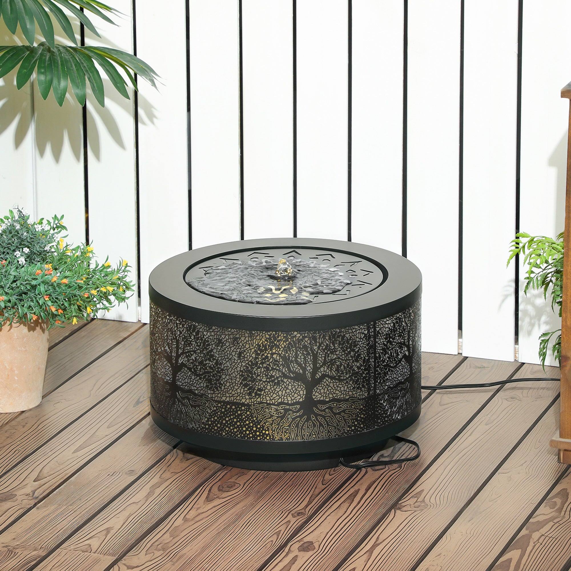 Outdoor Water Fountain with LED Lights, 10" Tall Garden Waterfall Fountain Feature with Adjustable Flow, Black