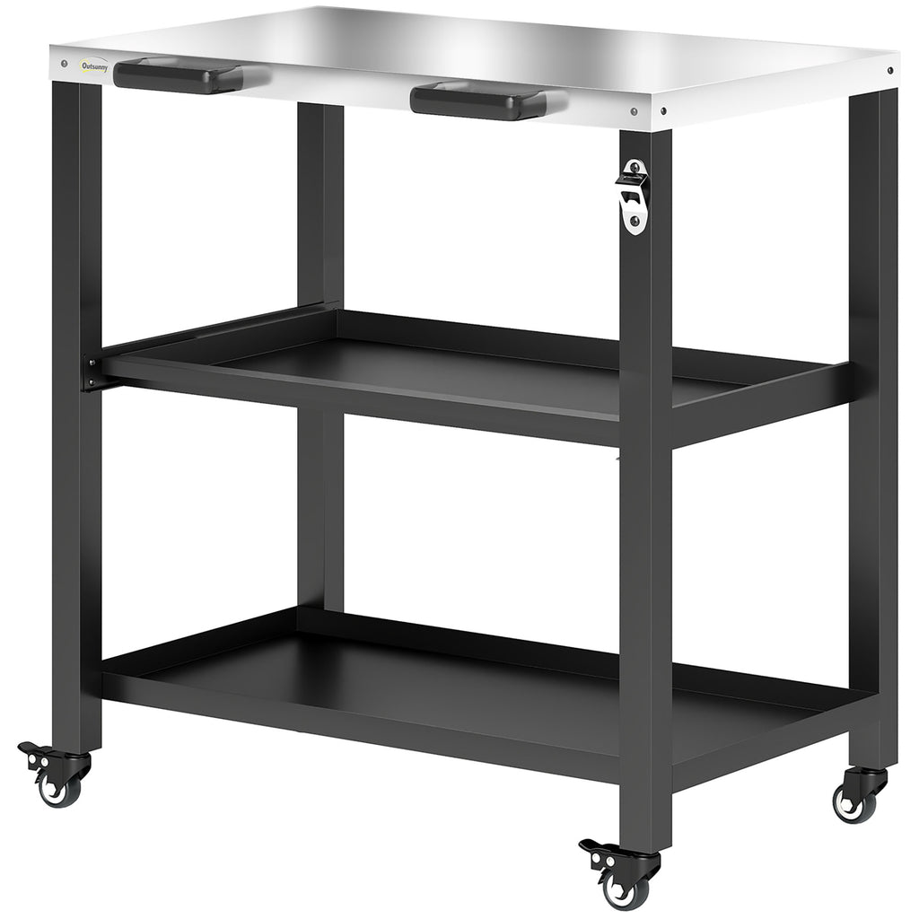 Outdoor Grill Cart with Stainless Steel Tabletop, 2 Shelves, Rolling Prep Dining Cart with Lockable Wheels