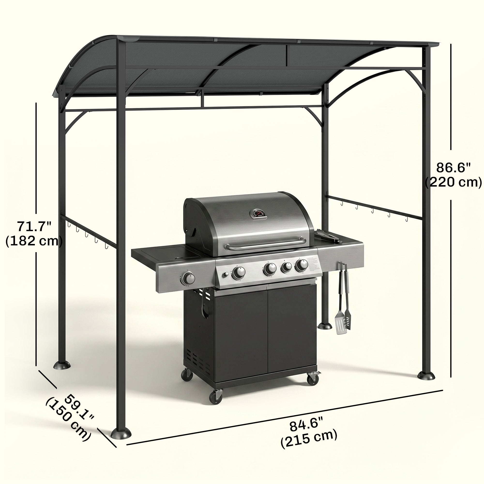 7' x 5' Garden Grill Canopy, BBQ Grill Gazebo Tent with Steel Frame and Hooks, Outdoor Sun Shade, Charcoal Grey