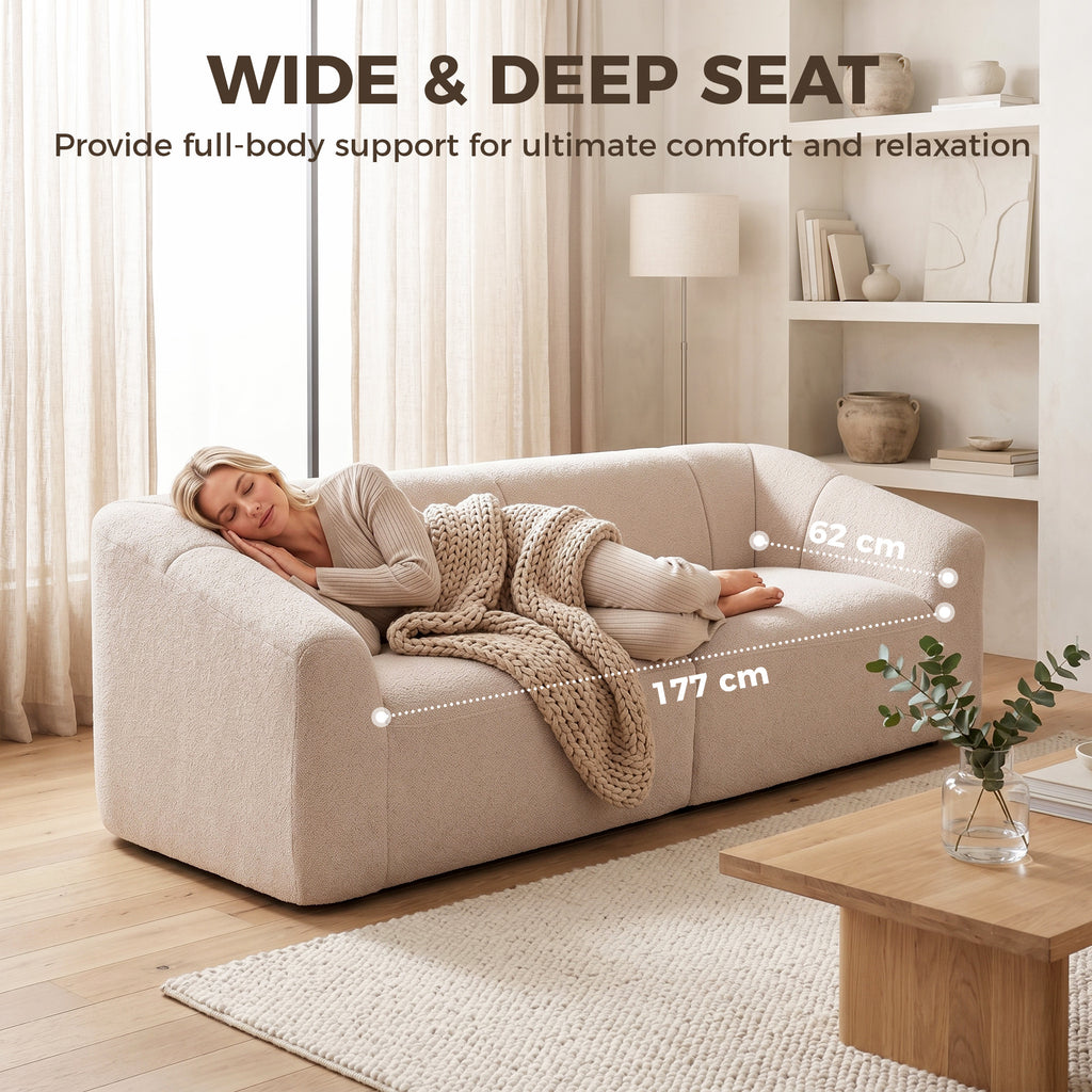 3 Seater Sofa, Chenille Boneless Cloud Couch with Spring Cushion, Wide and Deep Seat, Beige