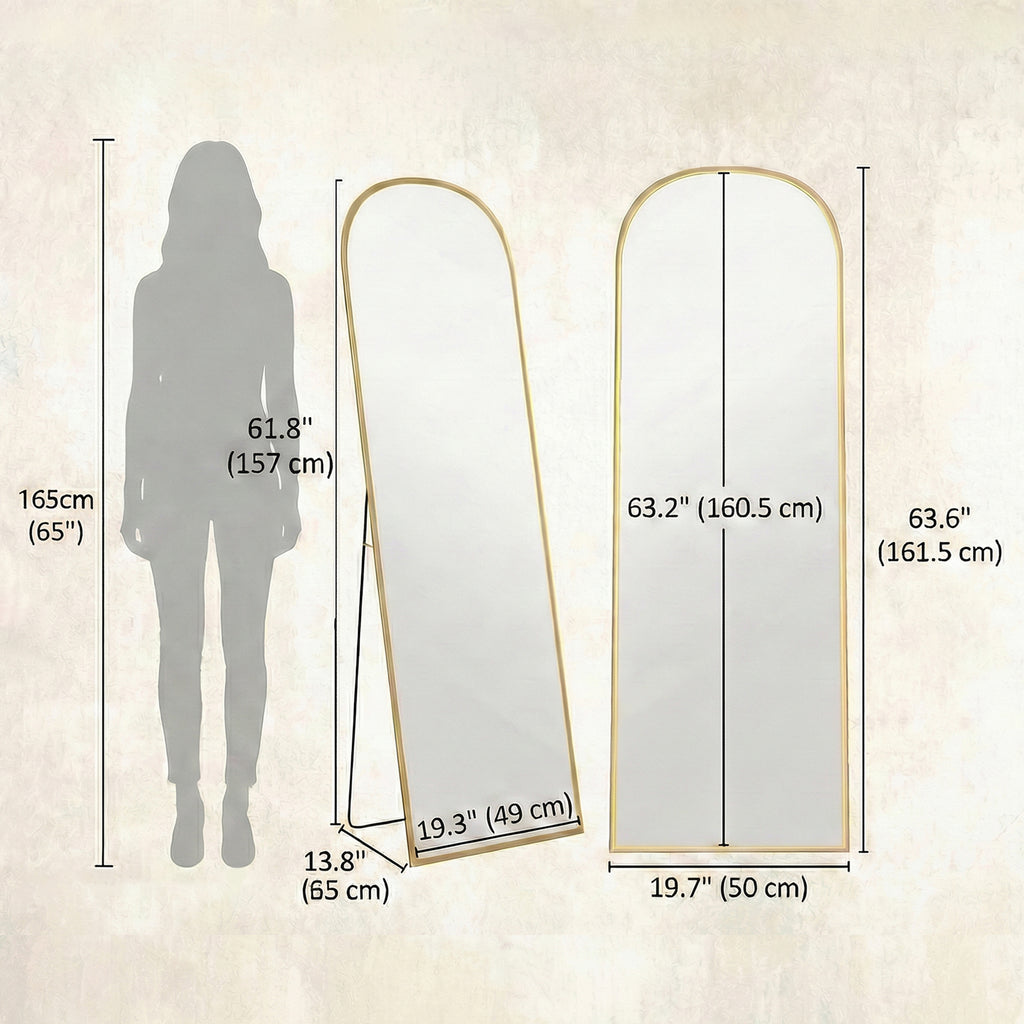 Arched Standing Mirror, 64" x 20" Full Length Mirror, Free Standing or Wall Mounted for Living Room, Bedroom, Gold