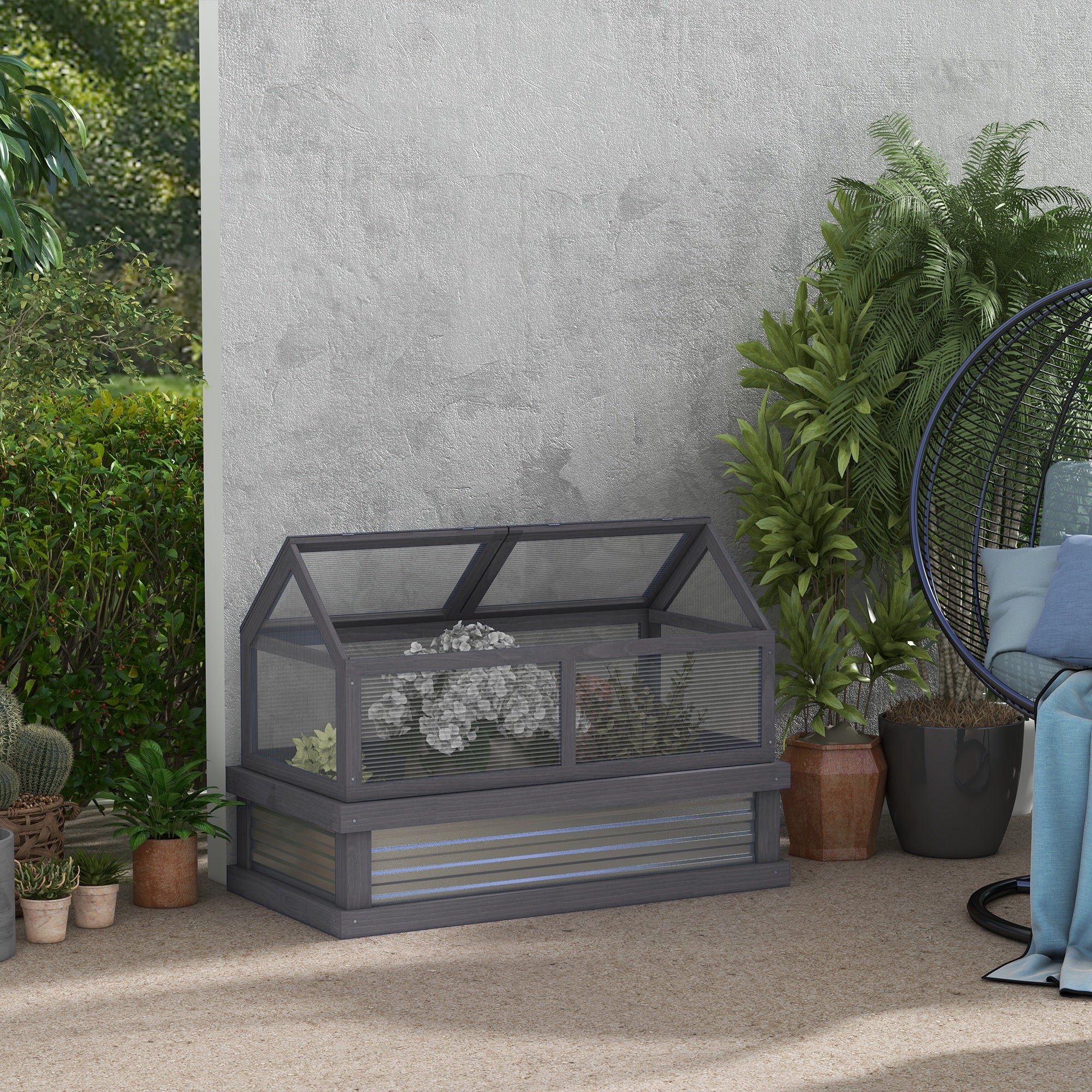 Raised Garden Flower Bed Kit with Greenhouse, Wooden Cold Frame Planter with Open Roofs, 48" x 24" x 32", Grey