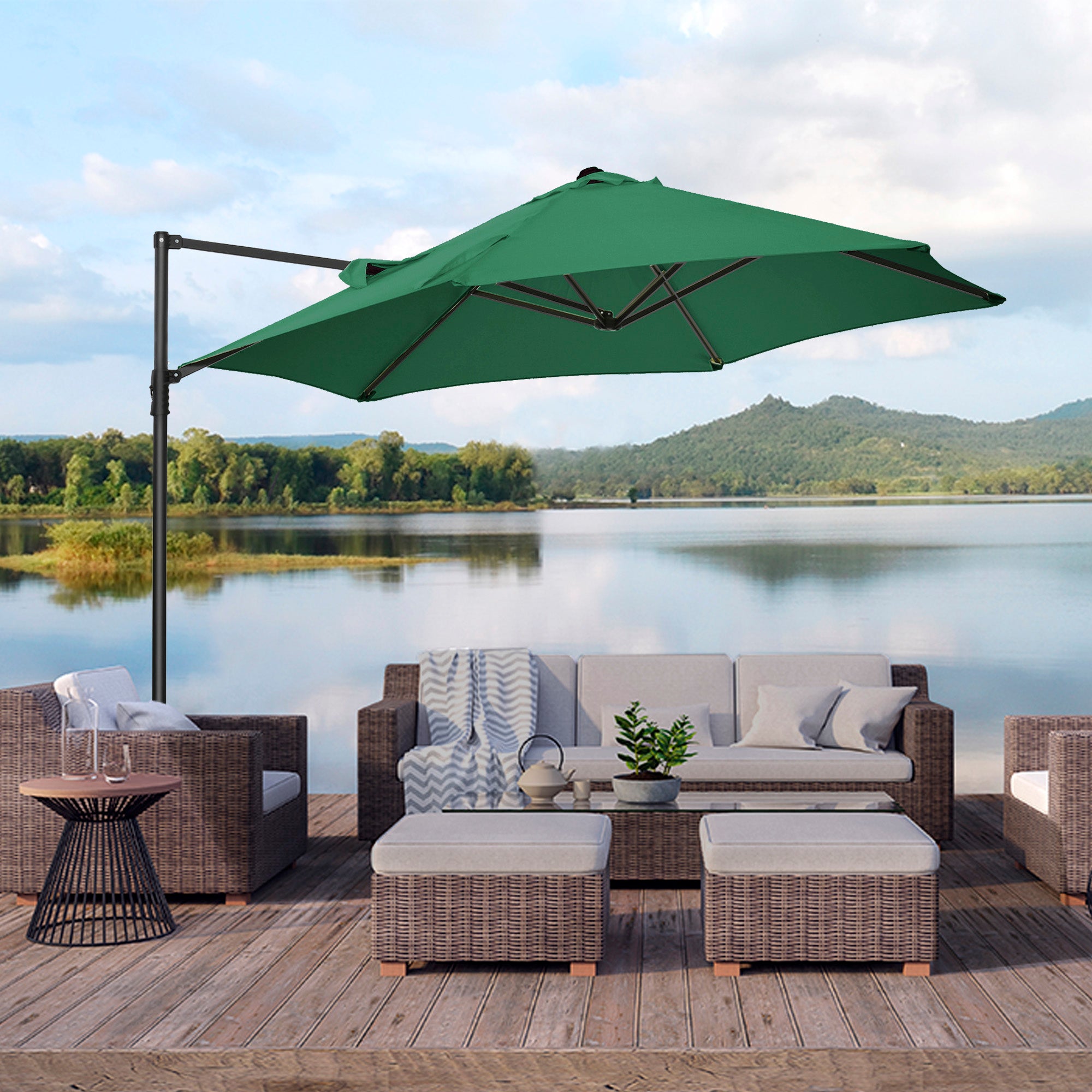 8.5FT Offset Patio Umbrella with 360Â° Rotation, Outdoor Cantilever Roma Parasol Hanging Sun Shade Canopy Shelter with Cross Base, Green