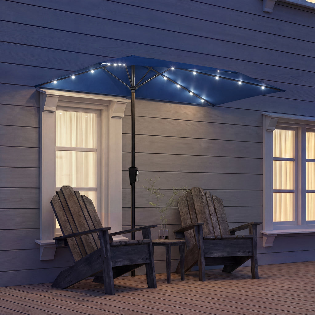 Half Outdoor Patio Umbrella with Solar LED Lights Half Umbrella with Crank 105.1" x 53.5" Navy Blue