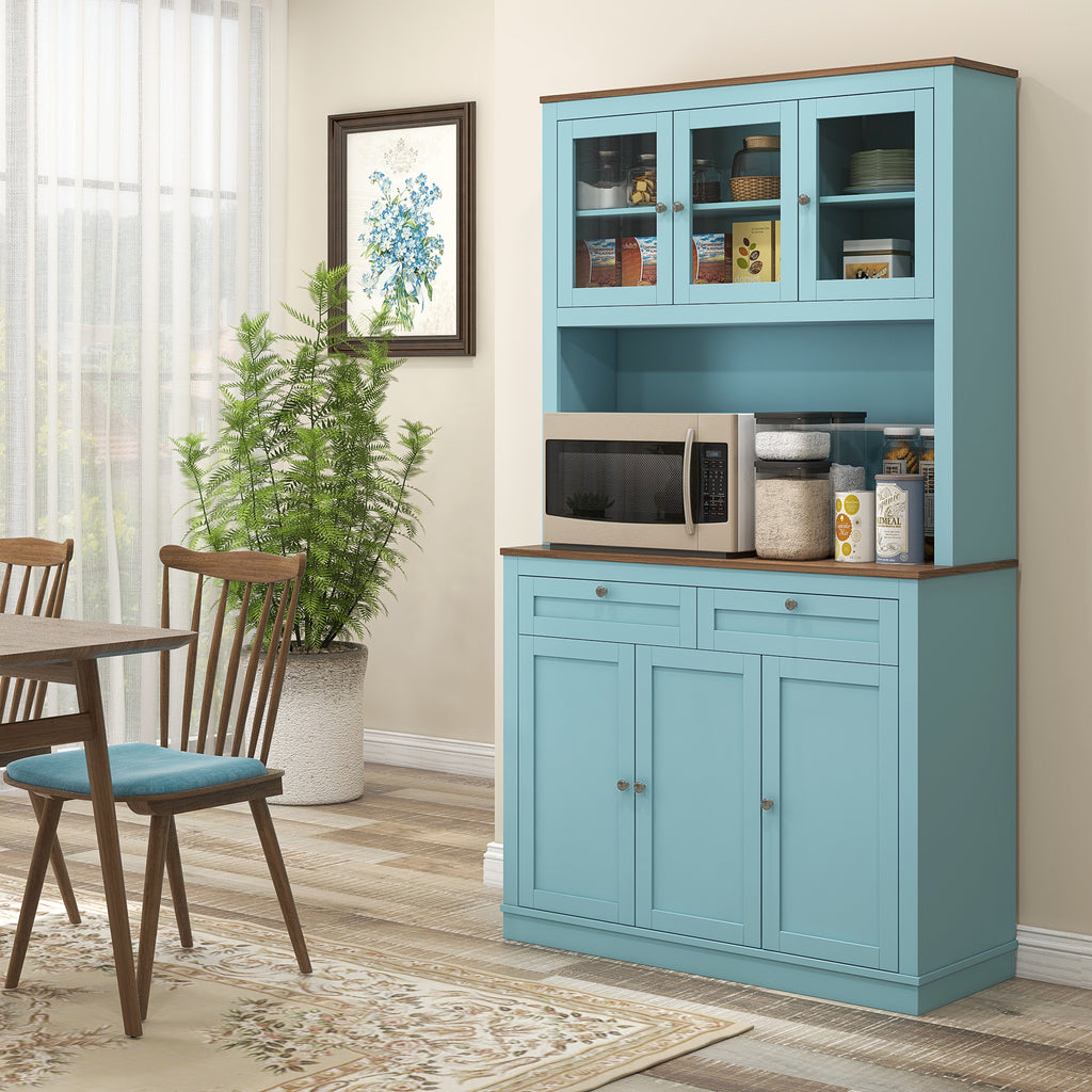 71" Pantry Cabinet with Microwave Space, Buffet with Hutch, 2 Drawers, Adjustable Shelves and Glass Doors, Blue