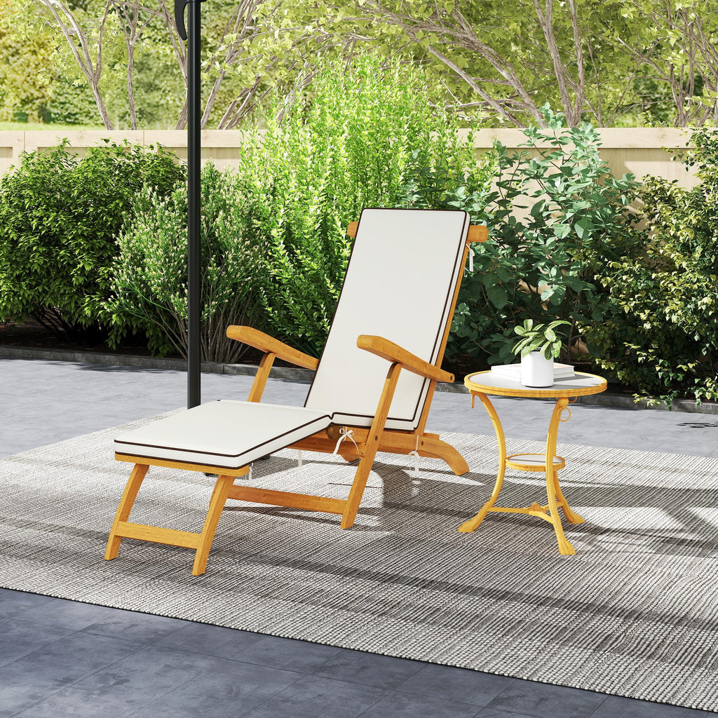 Folding Patio Lounge Chair with Padded Cushion, Acacia Wood Patio Lounger Recliner with Footrest for Garden, White