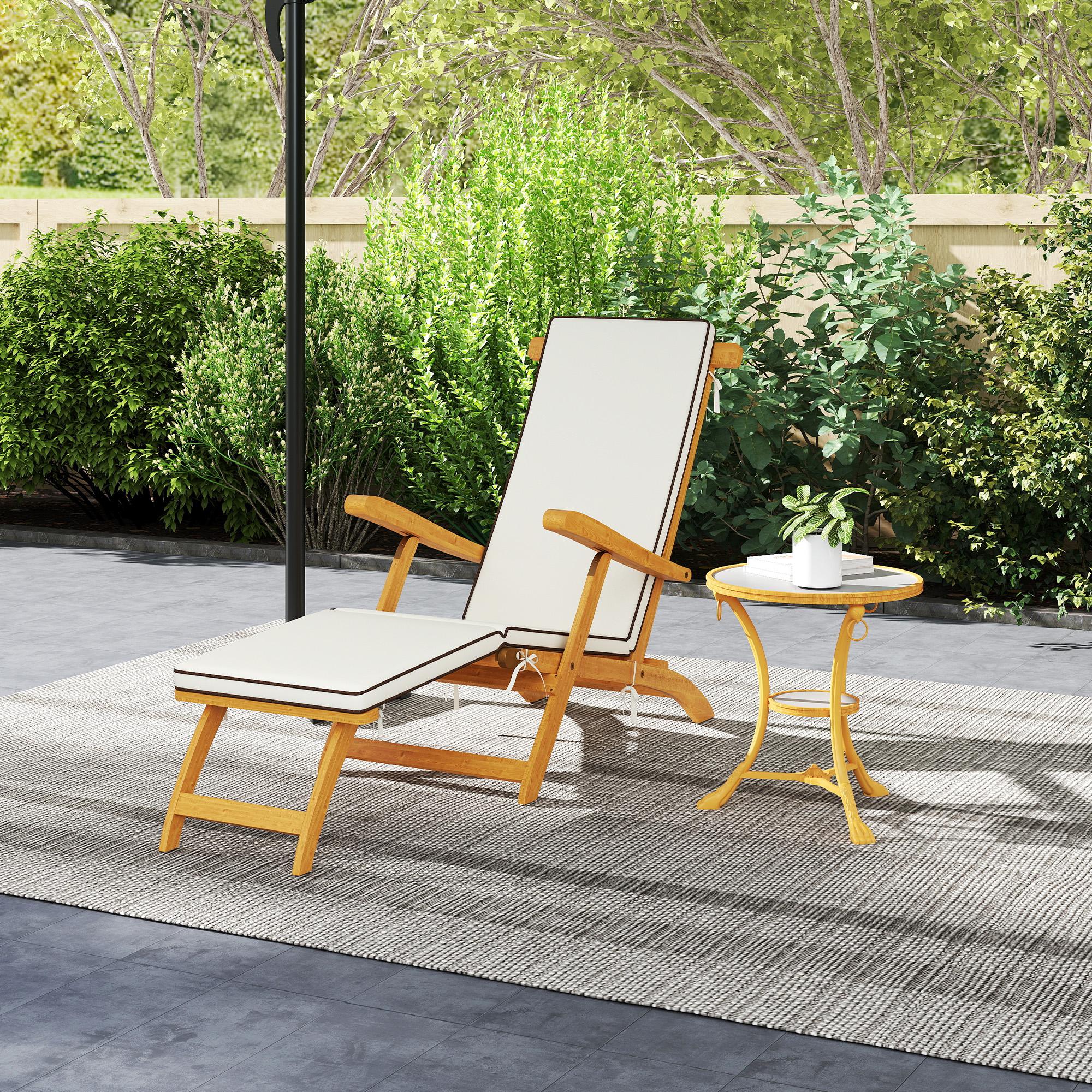 Folding Patio Lounge Chair with Padded Cushion, Acacia Wood Patio Lounger Recliner with Footrest for Garden, White