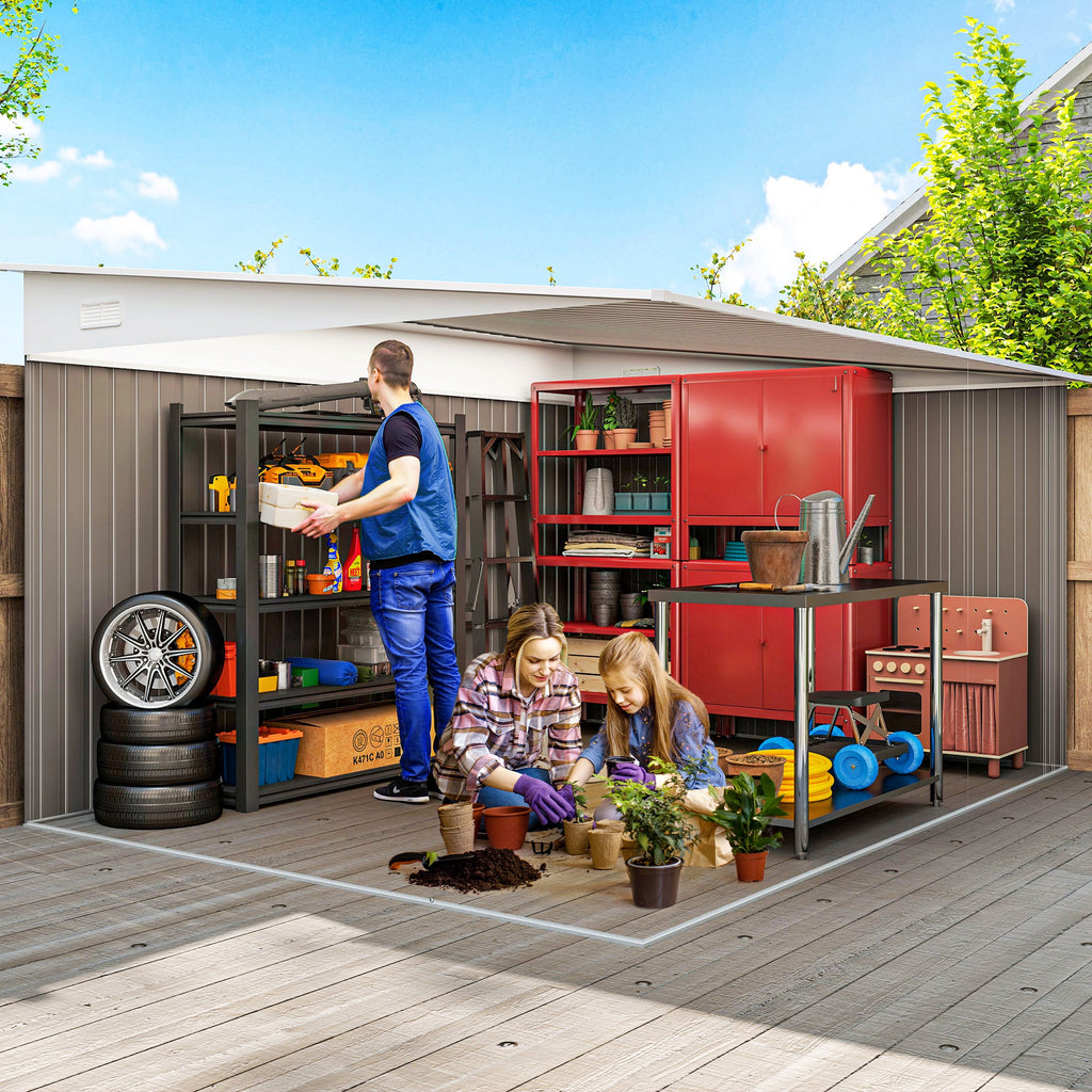 11' x 9' Steel Garden Storage Shed, Outdoor Metal Tool House with Double Sliding Doors & 2 Air Vents, Grey
