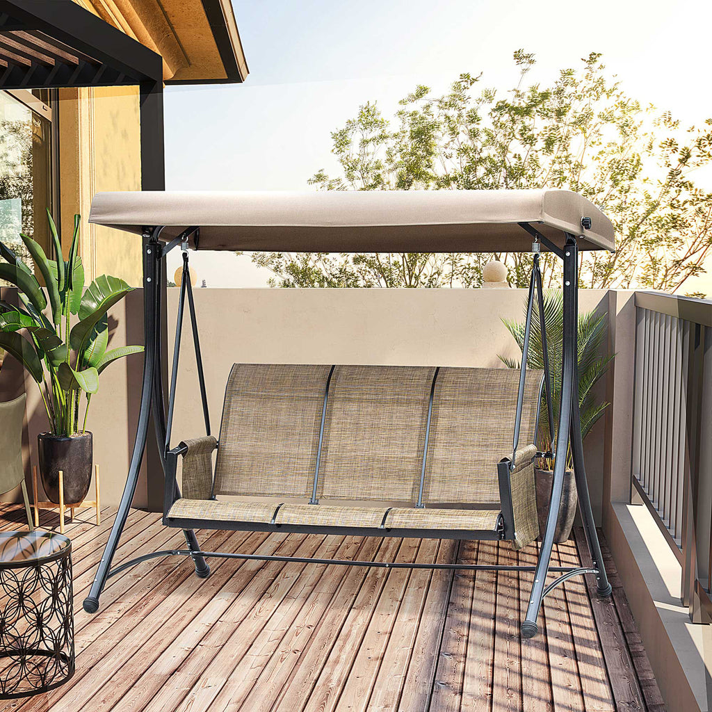 3 Person Porch Swing Outdoor Swing Chair with High Back Design, Side Pouches and Adjustable Canopy, Brown