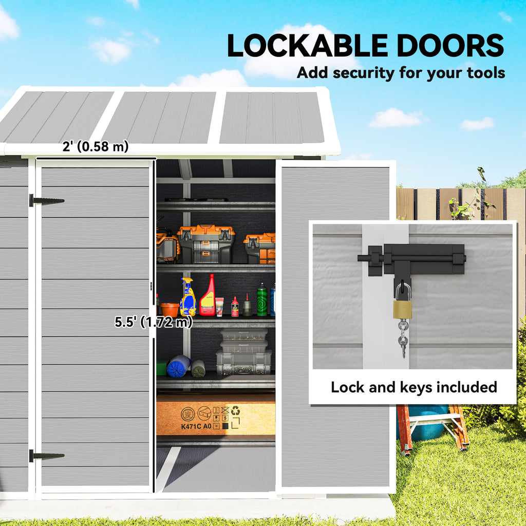 6' x 6' Resin Outdoor Storage Shed with Floor, Window, Lockable Doors and Vents for Backyard Patio Lawn, Grey