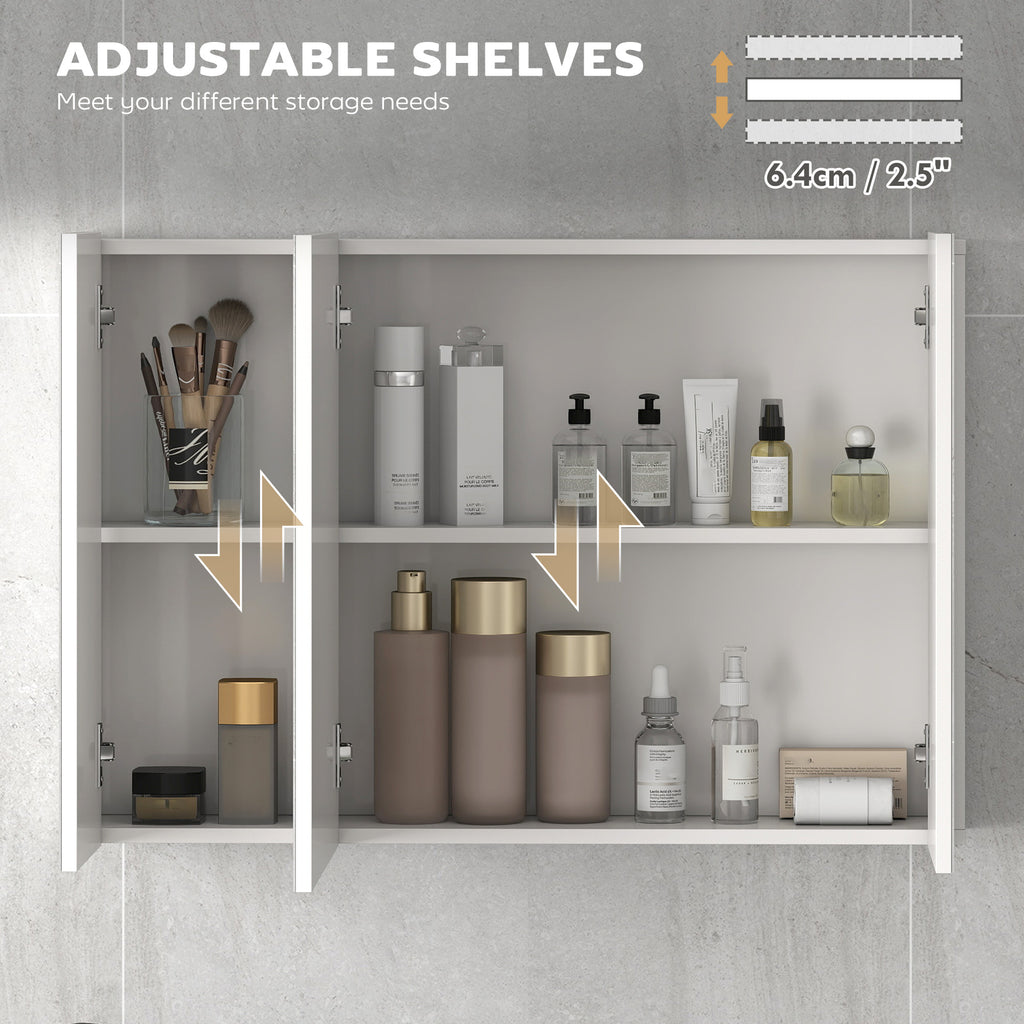 35" x 24" Wall Mounted Mirror Cabinet, Bathroom Medicine Cabinet with Mirror, 3 Doors and Adjustable Shelves, White