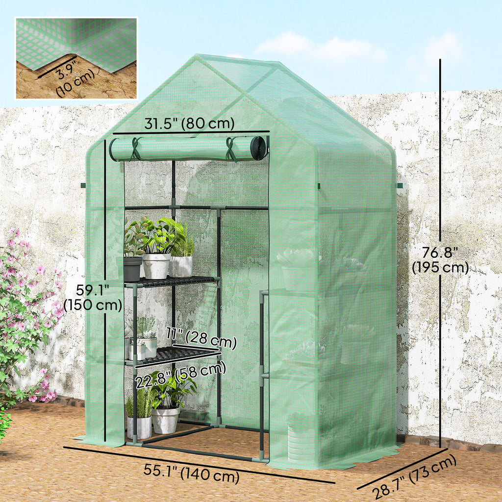 3-Tier Mini Greenhouse, Walk-in Greenhouse, Garden Hot House with 4 Shelves, Roll-Up Door and Weatherized Cover, 56" x 29" x 77", Dark Green