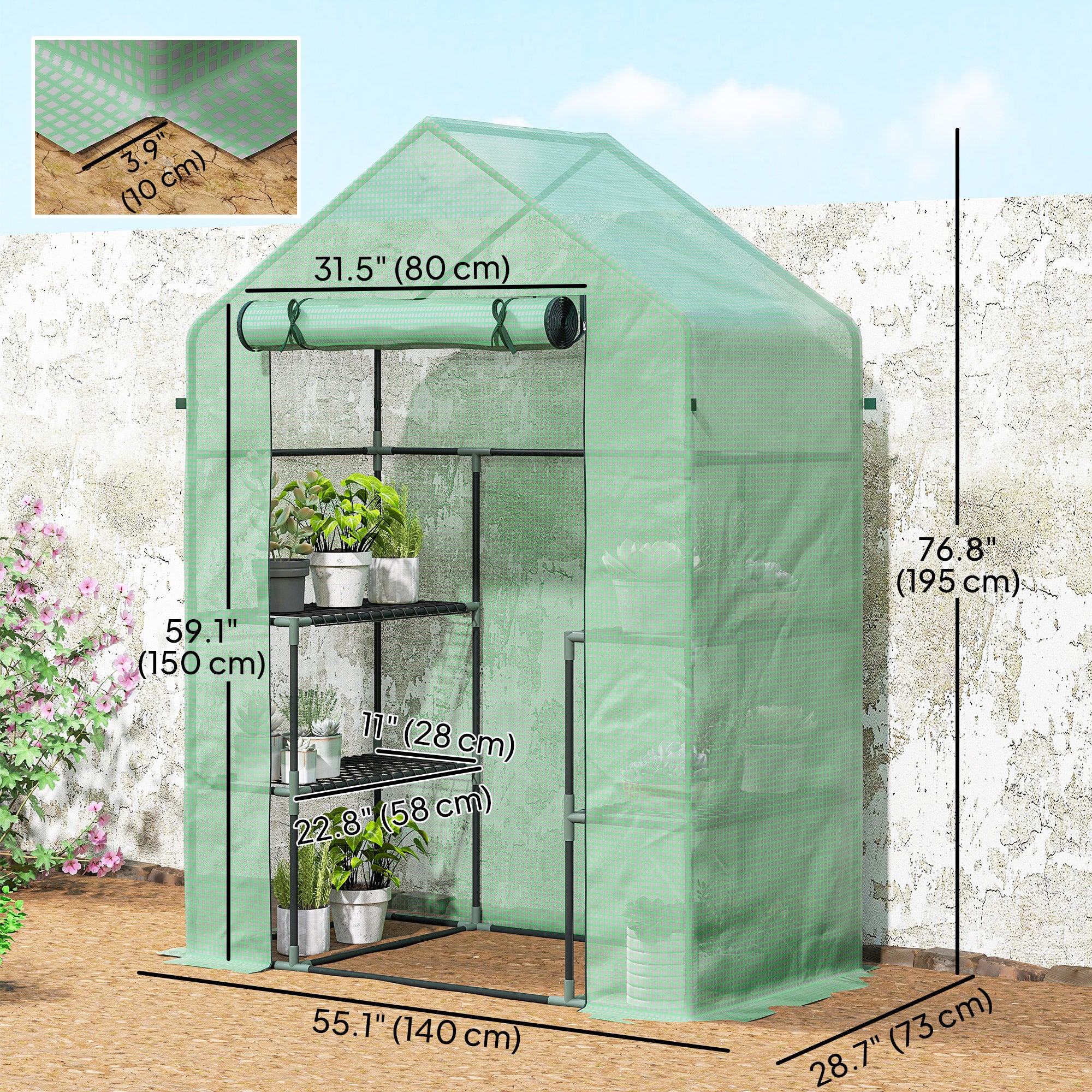 3-Tier Mini Greenhouse, Walk-in Greenhouse, Garden Hot House with 4 Shelves, Roll-Up Door and Weatherized Cover, 56" x 29" x 77", Dark Green