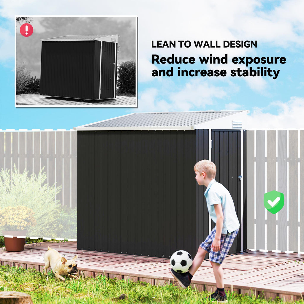 4' x 6' Outdoor Storage Shed Lean to Shed Outdoor Metal Tool Shed with Lockable Door and Air Vents, Dark Grey