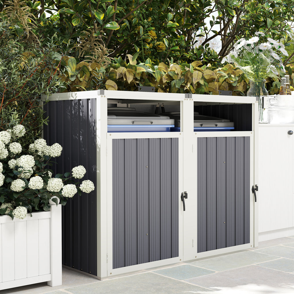 Double Garbage Bin Shed, Lockable Outdoor Storage Shed with Openable Lid, Galvanized Frame for Garden Patio, Dark Grey