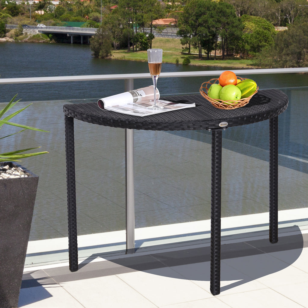 Half Round Side Table, PE Rattan Coffee Table with Metal Frame for Patio, Garden, Balcony, Black