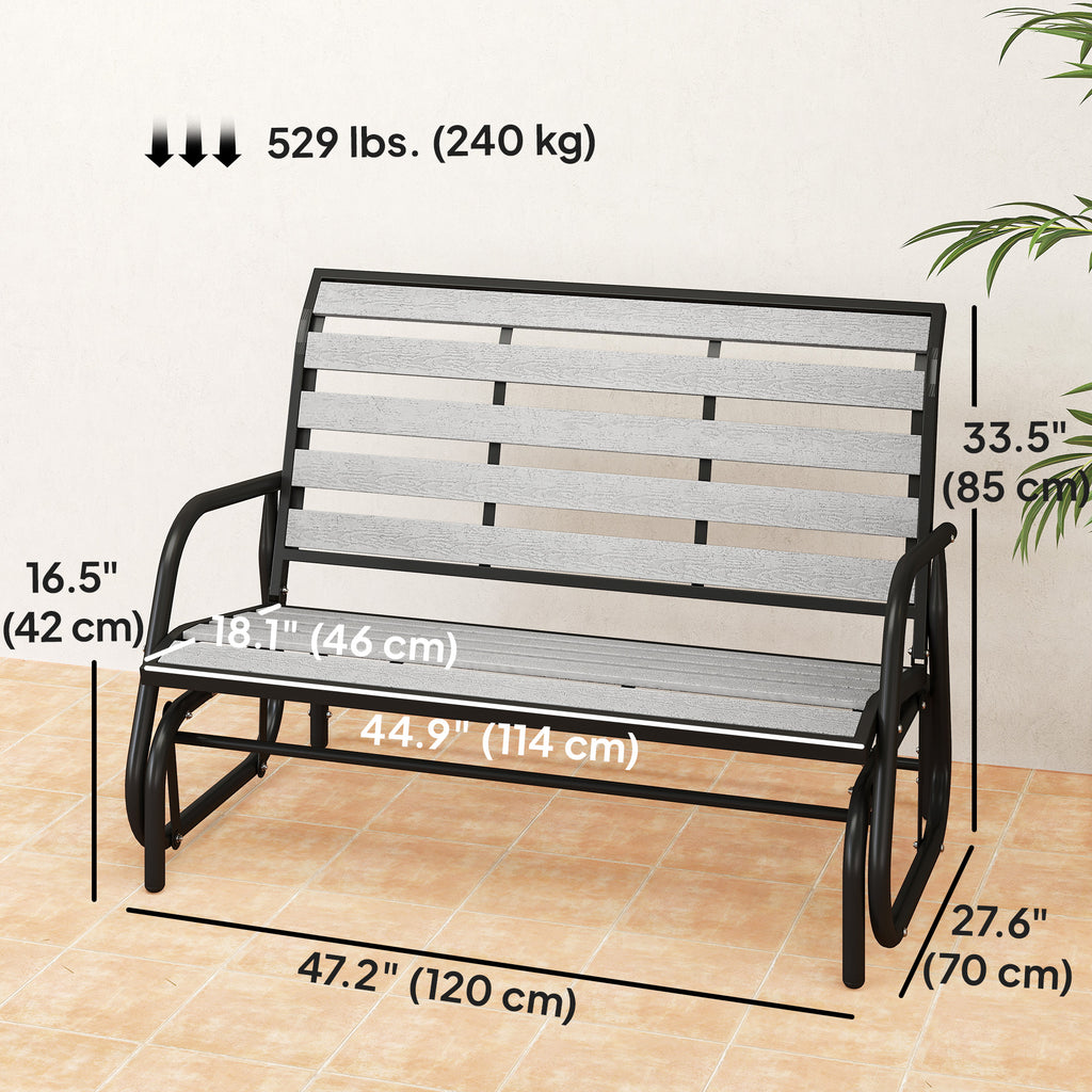 2 Person Outdoor Glider Bench, Patio Glider Loveseat with Faux Wood Slatted Seat and Back, Steel Frame, Grey