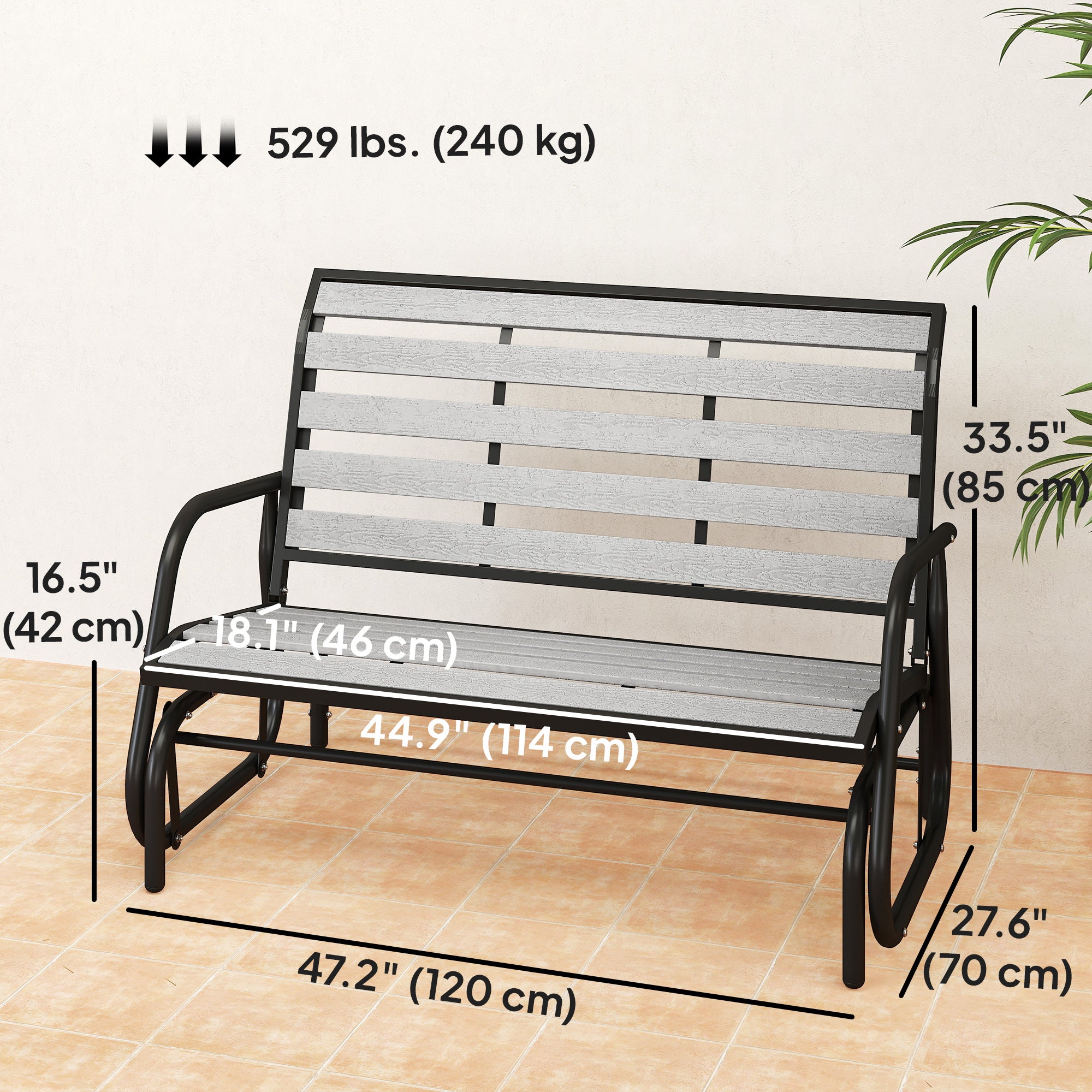 2 Person Outdoor Glider Bench, Patio Glider Loveseat with Faux Wood Slatted Seat and Back, Steel Frame, Grey