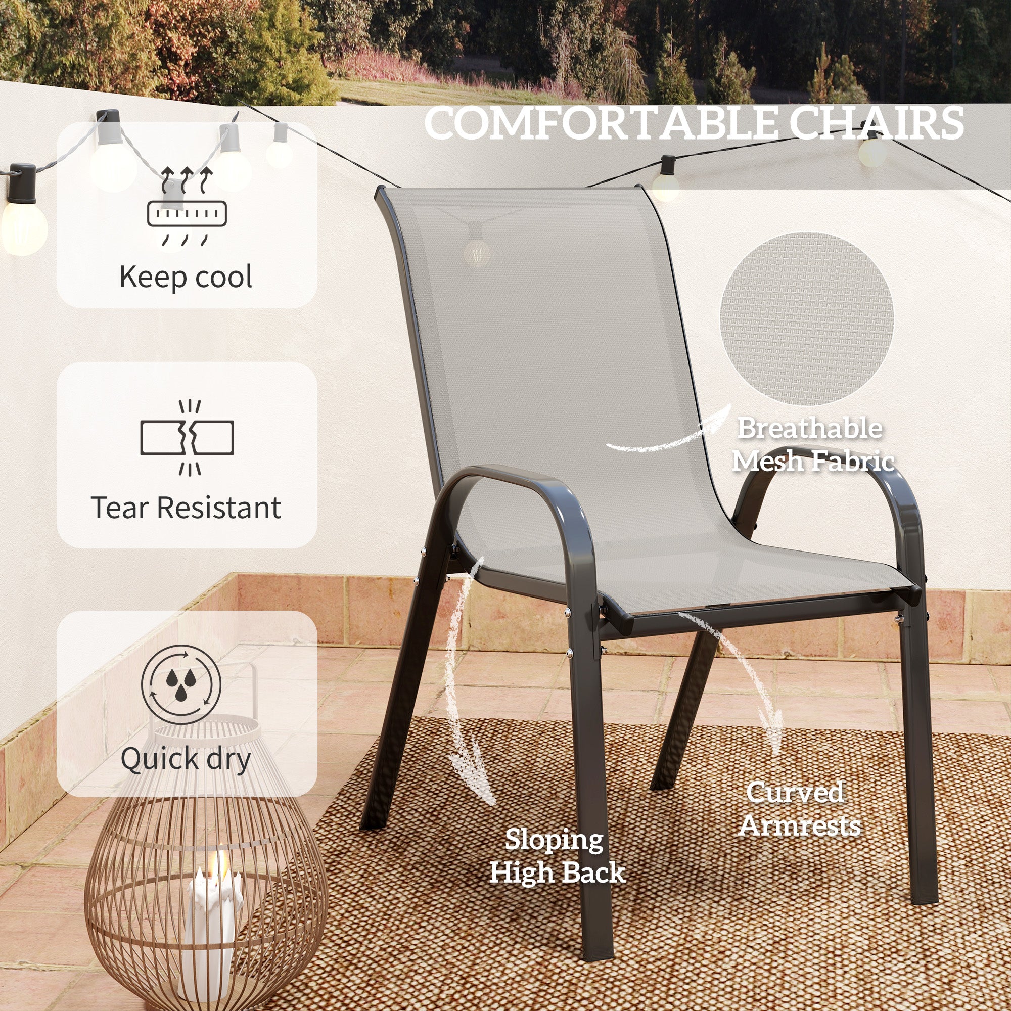 3 Pieces Bistro Set, Small Patio Furniture Set with Stackable Mesh Chairs, Glass Table for Garden, Balcony, Light Grey