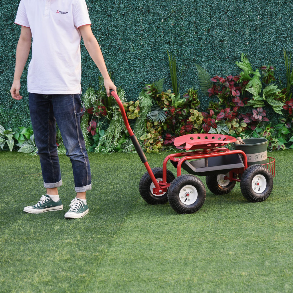 Garden Scooter, Rolling Cart with Swivel and Adjustable Seat, Tool Tray, Bucket Basket, Red and Black