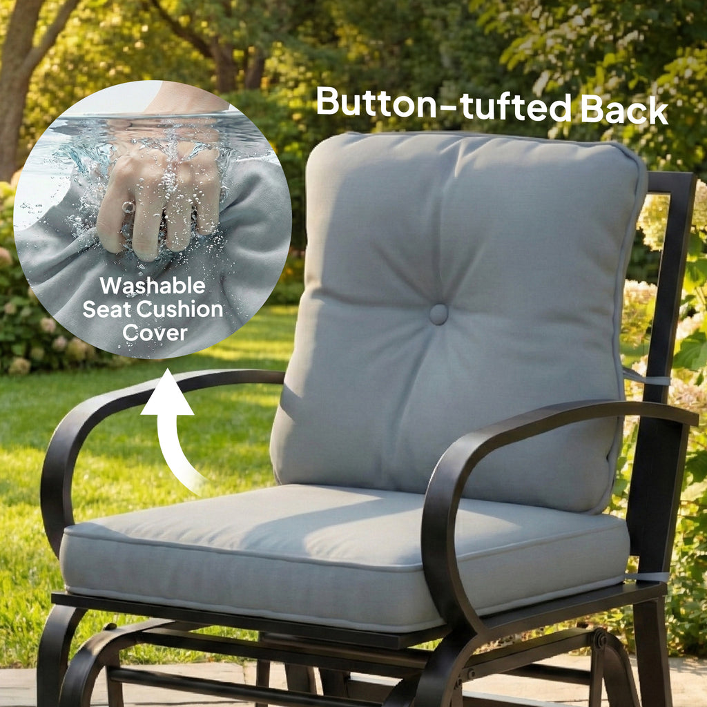 Patio Glider, Outdoor Glider Chair with Cushions, Steel Frame, Curved Armrests, Light Grey