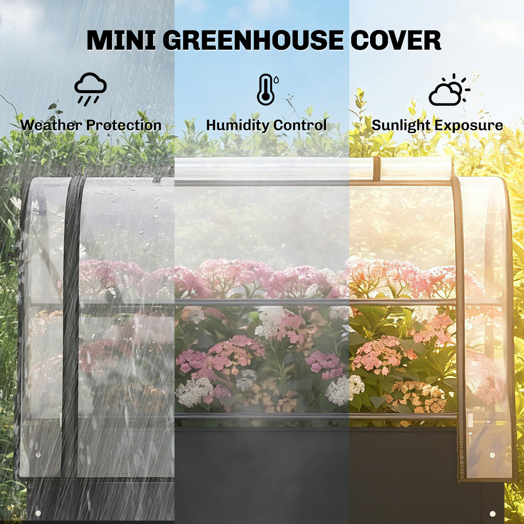 Raised Garden Bed with Flip-Up Greenhouse Cover, Metal Elevated Garden Bed with Legs and Drainage Hole, Black