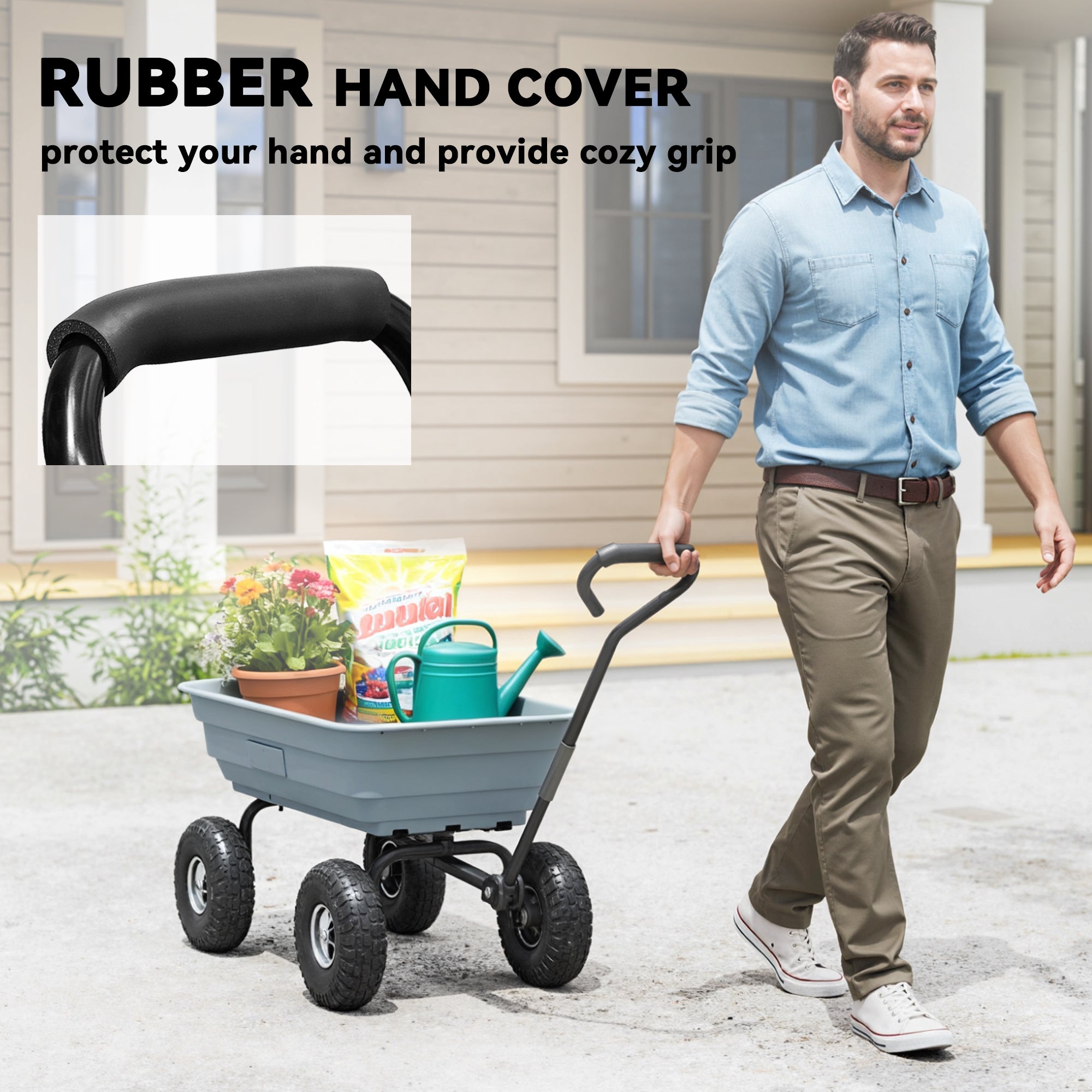 Steel Garden Cart with Handle and 10" Pneumatic Tires, Utility Wagon Cart for Garden Patio Lawn, 551lbs Capacity, Grey
