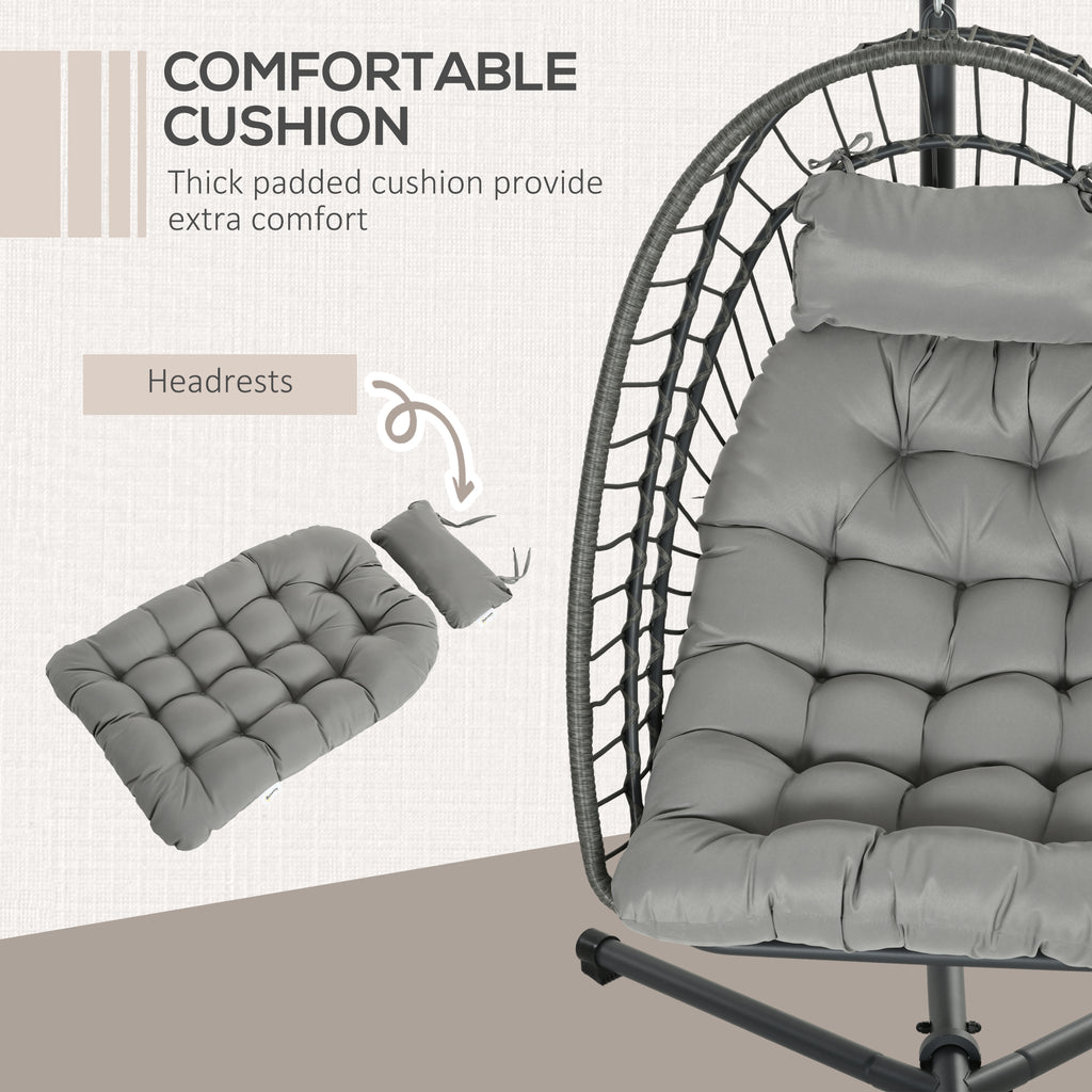 Hanging Egg Chair with Stand, Foldable Wicker Rattan Swing Chair with Thick Cushion, Light Grey