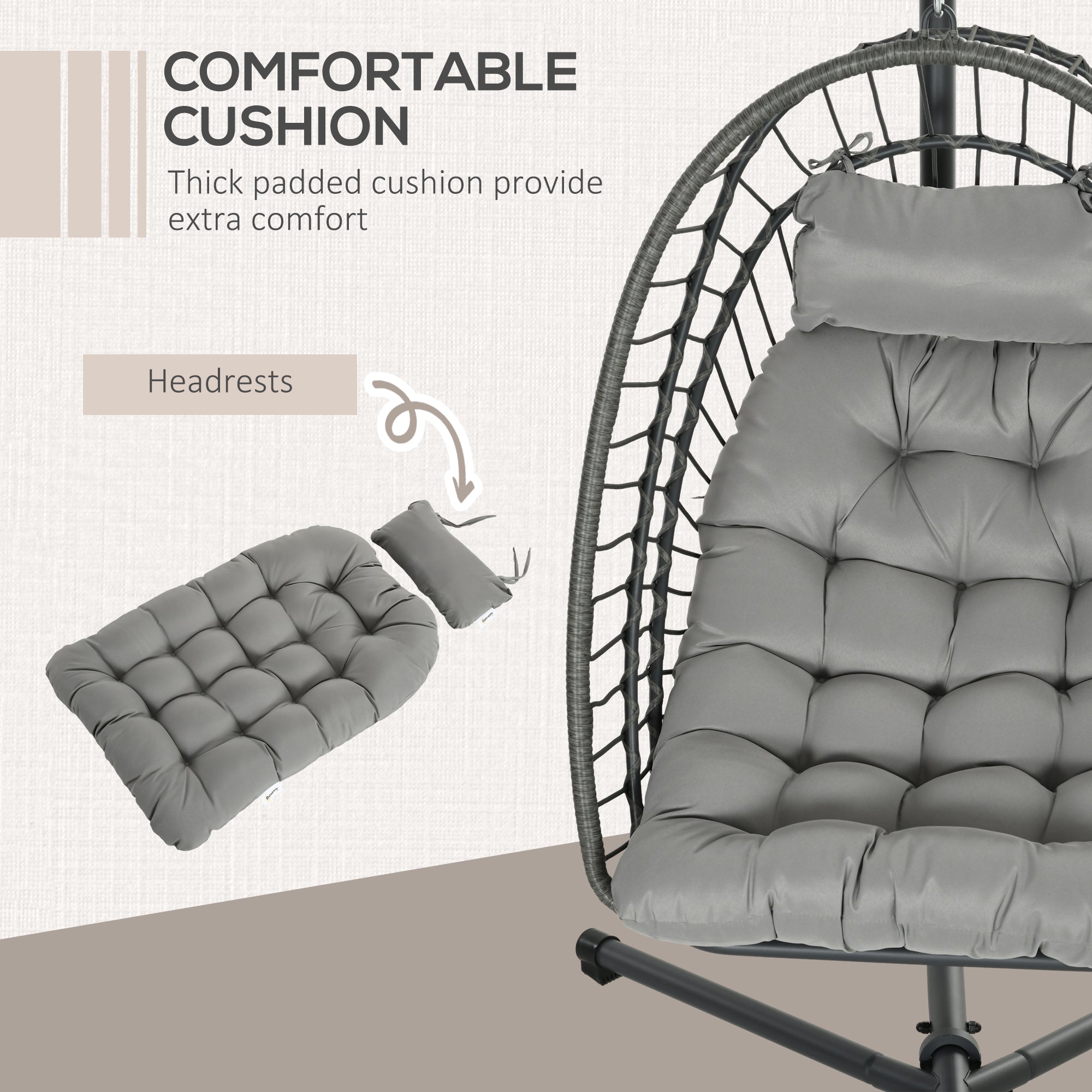 Hanging Egg Chair with Stand, Foldable Wicker Rattan Swing Chair with Thick Cushion, Light Grey
