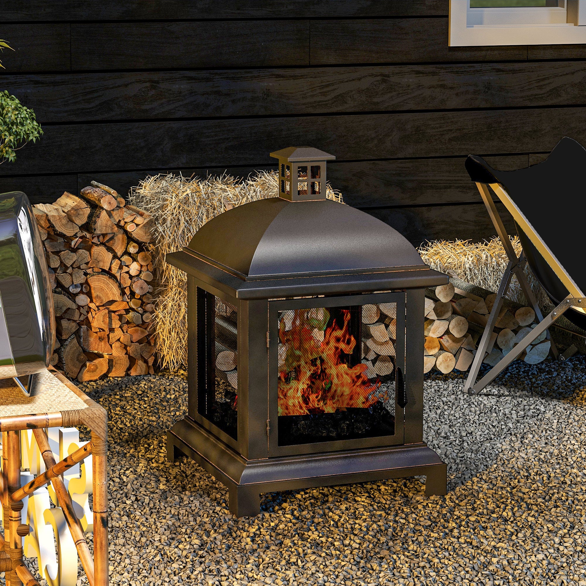Wood-Burning Fire Pit, Chimney Style Firepit with Poker, 26" x 26", Black