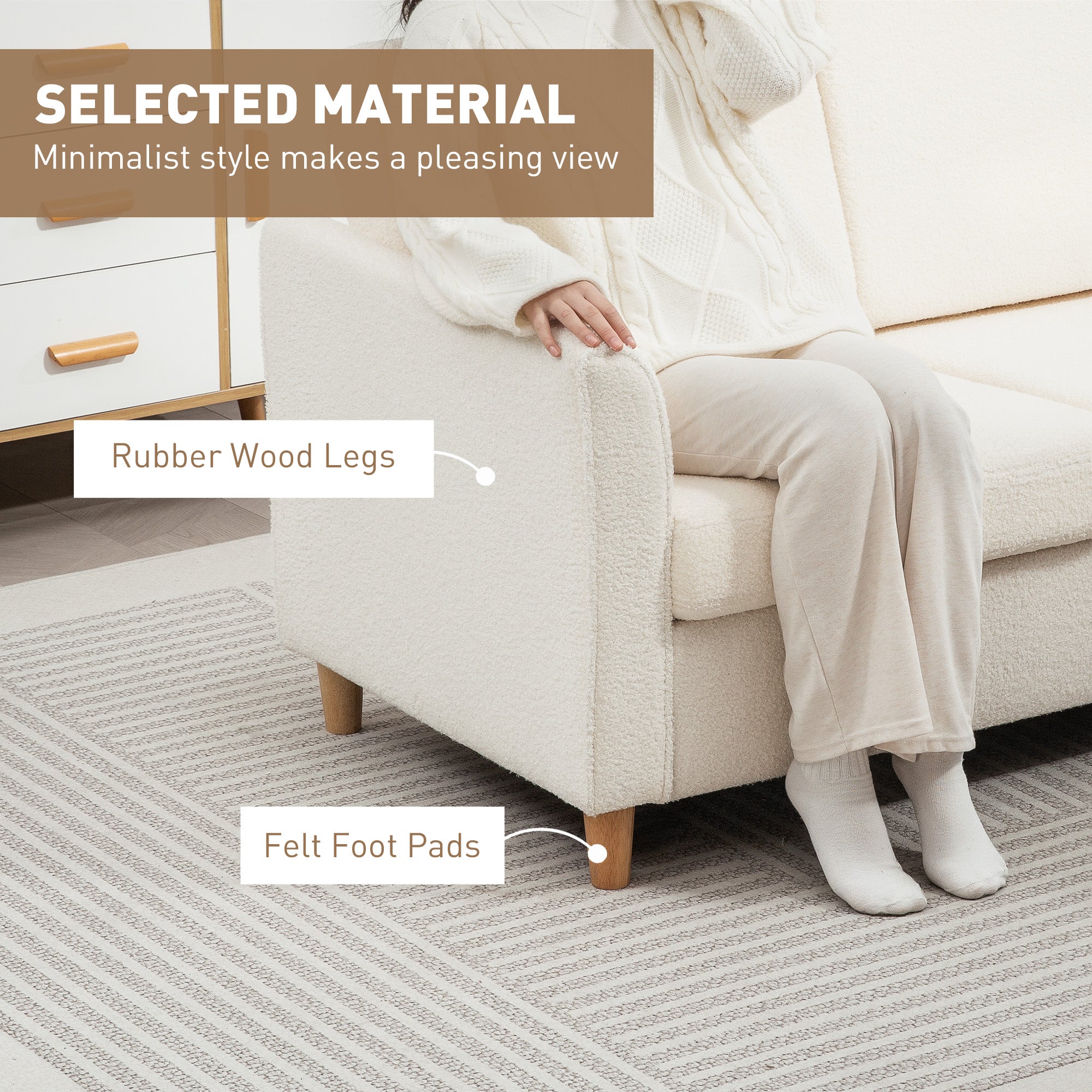 2-Seat Sofa Two-Seater Couch with Armrests and Wood Legs for Living Room, Bedroom, Cream White