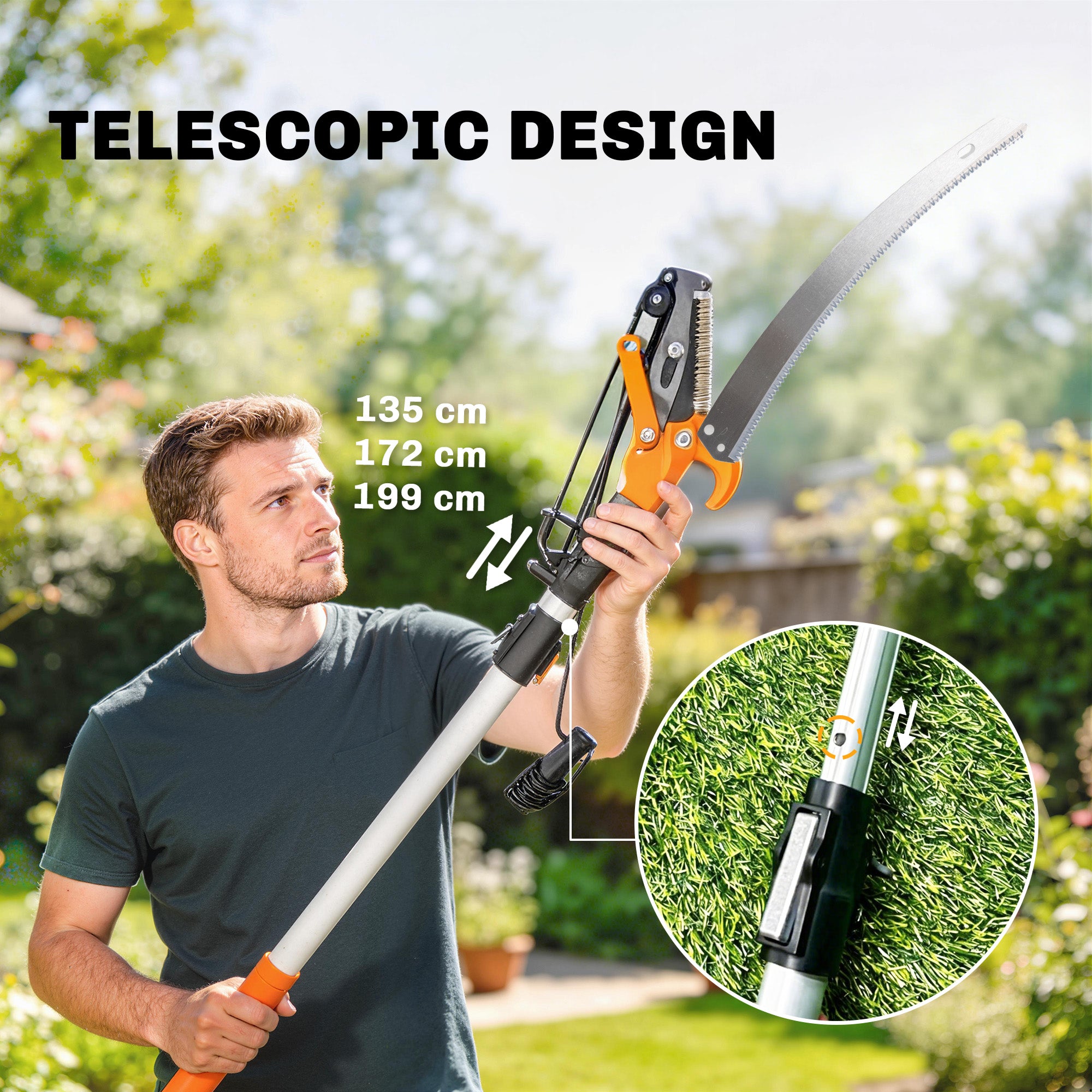 2-In-1 Manual Pole Saw, Hand Pruning Saw, Secateurs with Safety Lock, 6.5ft Aluminium Telescopic Pole Pruner