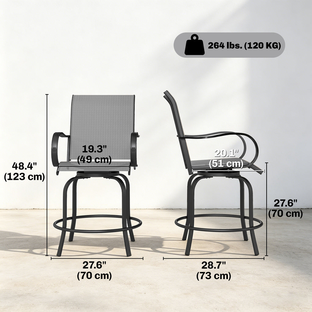 Outdoor Bar Stools Set of 2, 360Â° Swivel Bar Height Chairs, 26.8" x 29.5" x 48.4", Grey