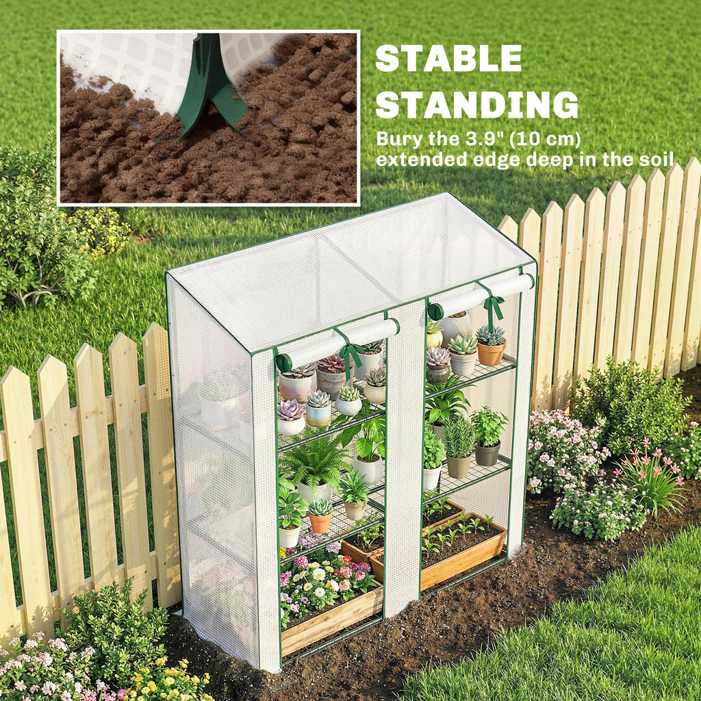 Portable Mini Greenhouse Green House with 3 Tier Shelves, Reinforced PE Cover, Roll-up Doors, 56.3"x18.1"x59.4", White