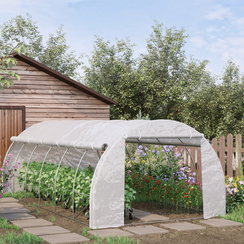20'x10'x6.6' Tunnel Greenhouse with UV-Resistant Cover, Zippered Door and 12 Roll-up Windows, Outdoor Green House for Garden Plant, White