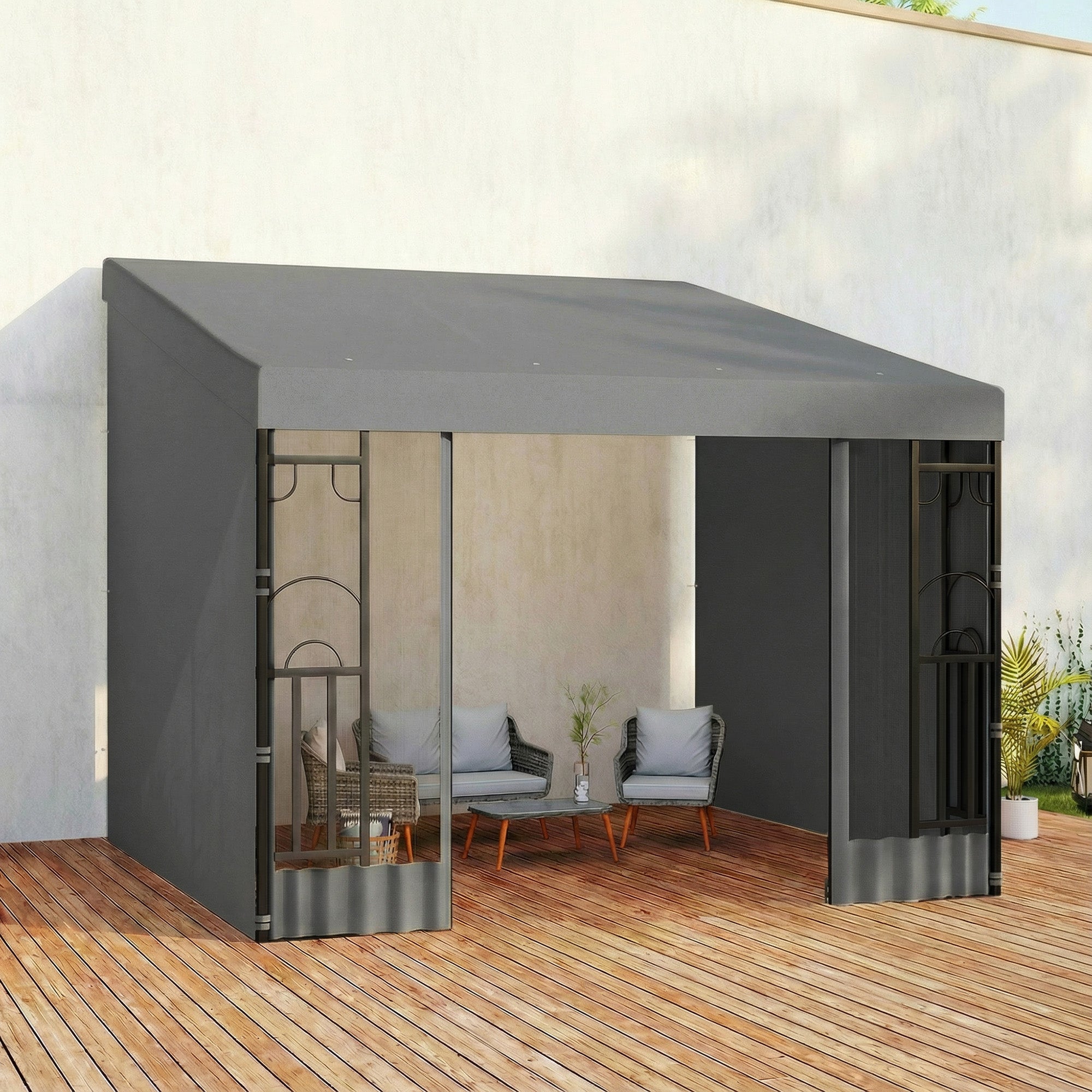 10' x 10' Wall Pergola with 2 Curtains and 2 Nettings UV Resistant Gazebo for Patio, Deck, Dark Grey