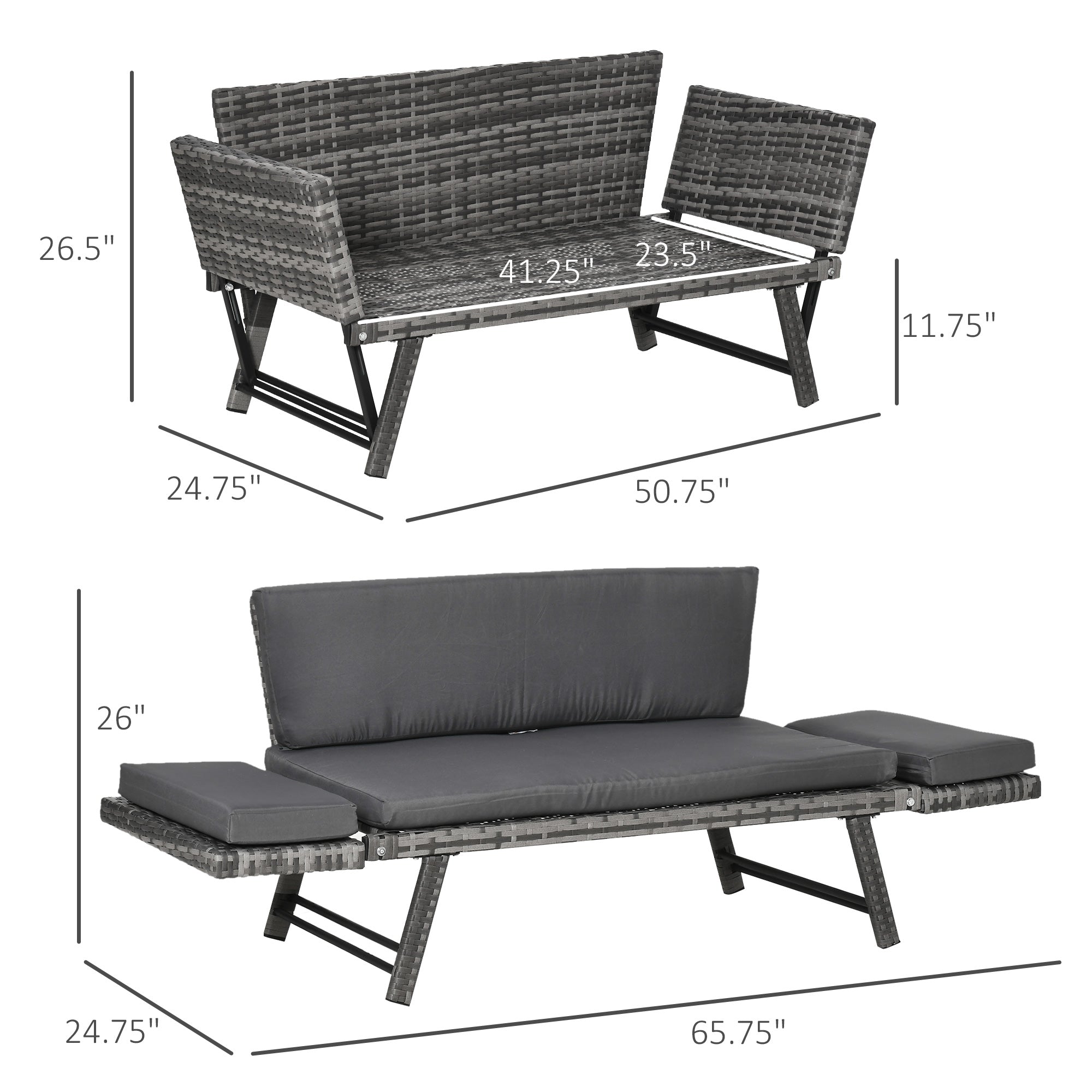 Convertible Wicker Loveseat Grey Patio Chaise Lounge