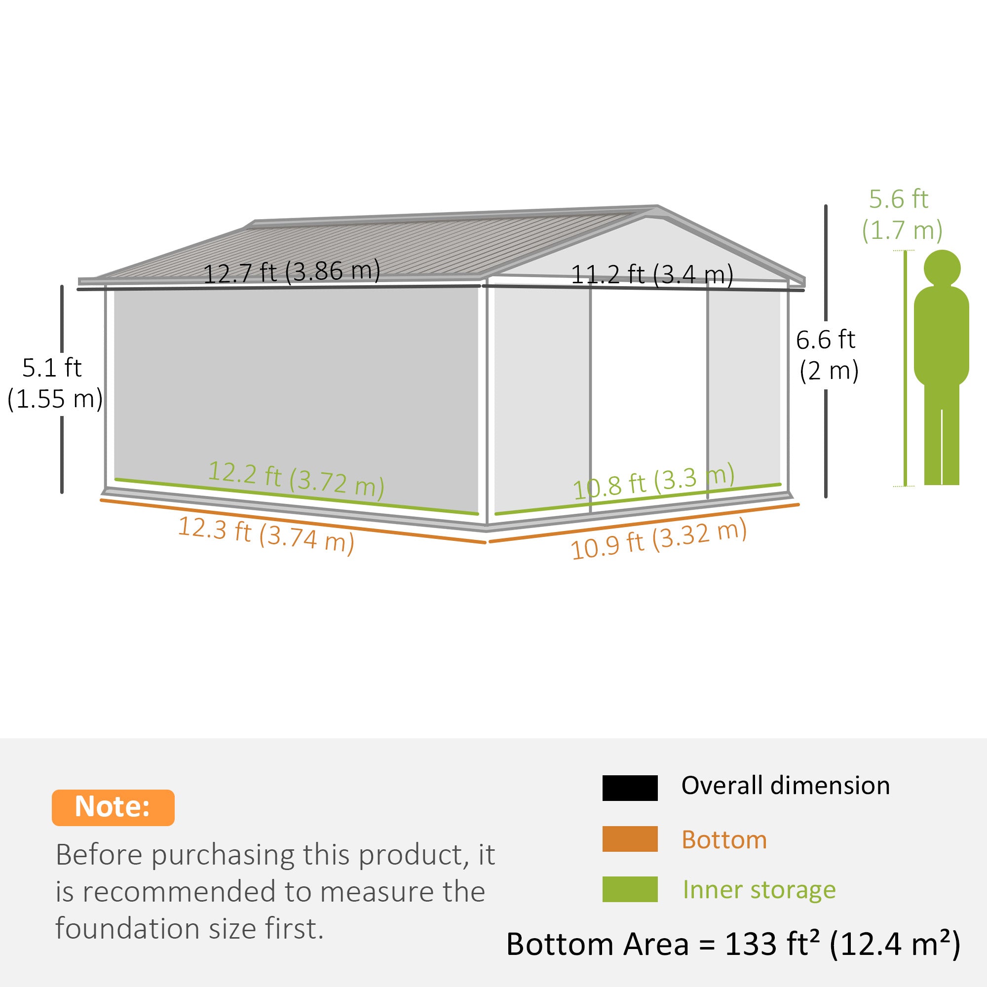 11.2ft x 12.5ft Practical Backyard Garden Storage Tool Shed 4 Ventilation Slots Double Sliding Door, Grey