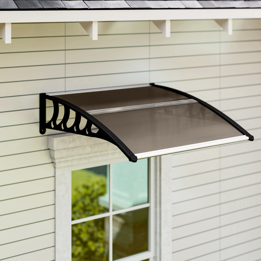 Awning Door Canopy, 40.6" x 38" Polycarbonate Front Door Outdoor Patio Cover with Hollow Sheet for UV Protection, Brown