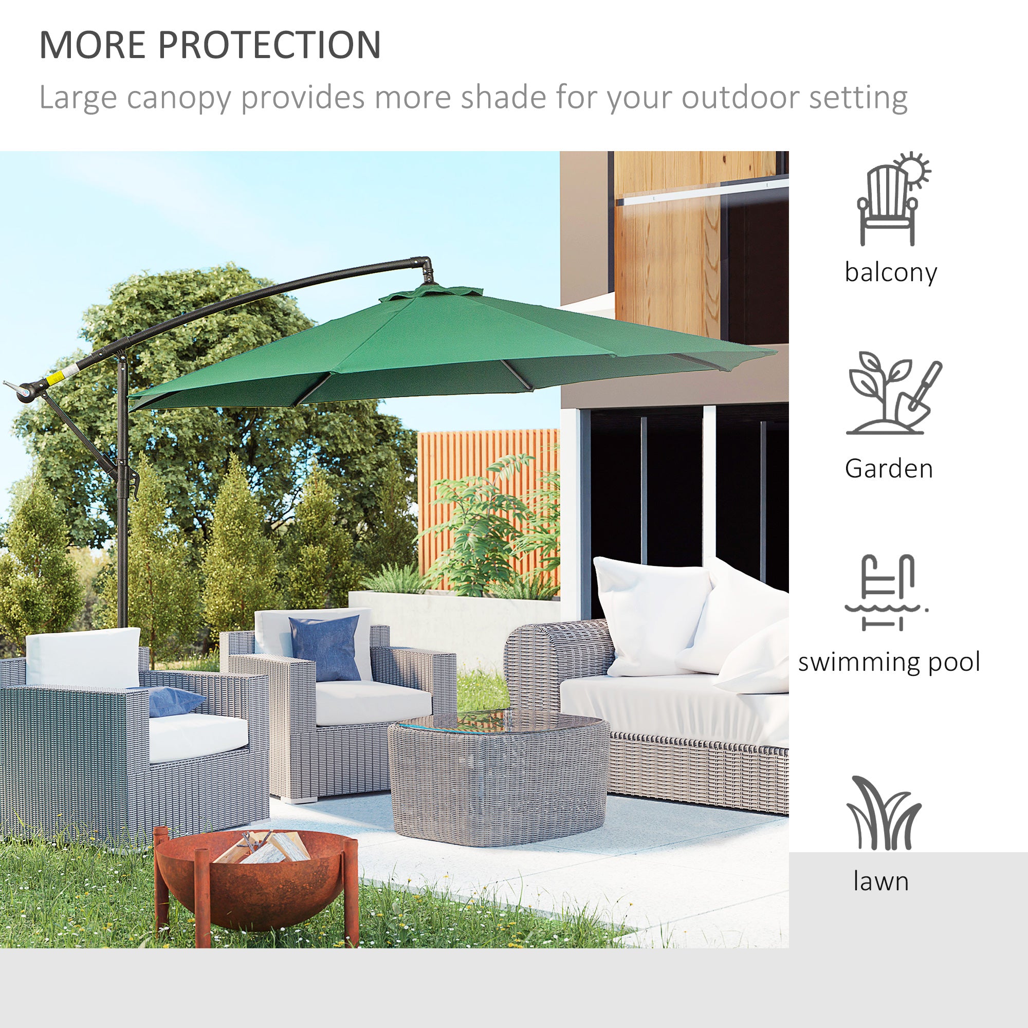 9.7ft Offset Patio UmbrellaCantilever Parasol with Crank Handle, 8 Ribs and Cross Base for Outdoor, Sun Shade, Green
