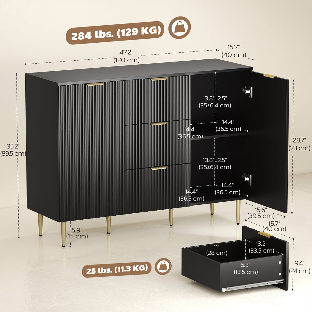 Modern Kitchen Storage Cabinet, Sideboard Buffet Cabinet w/ 3 Drawers and Adjustable Shelves for Kitchen Hallway, Black
