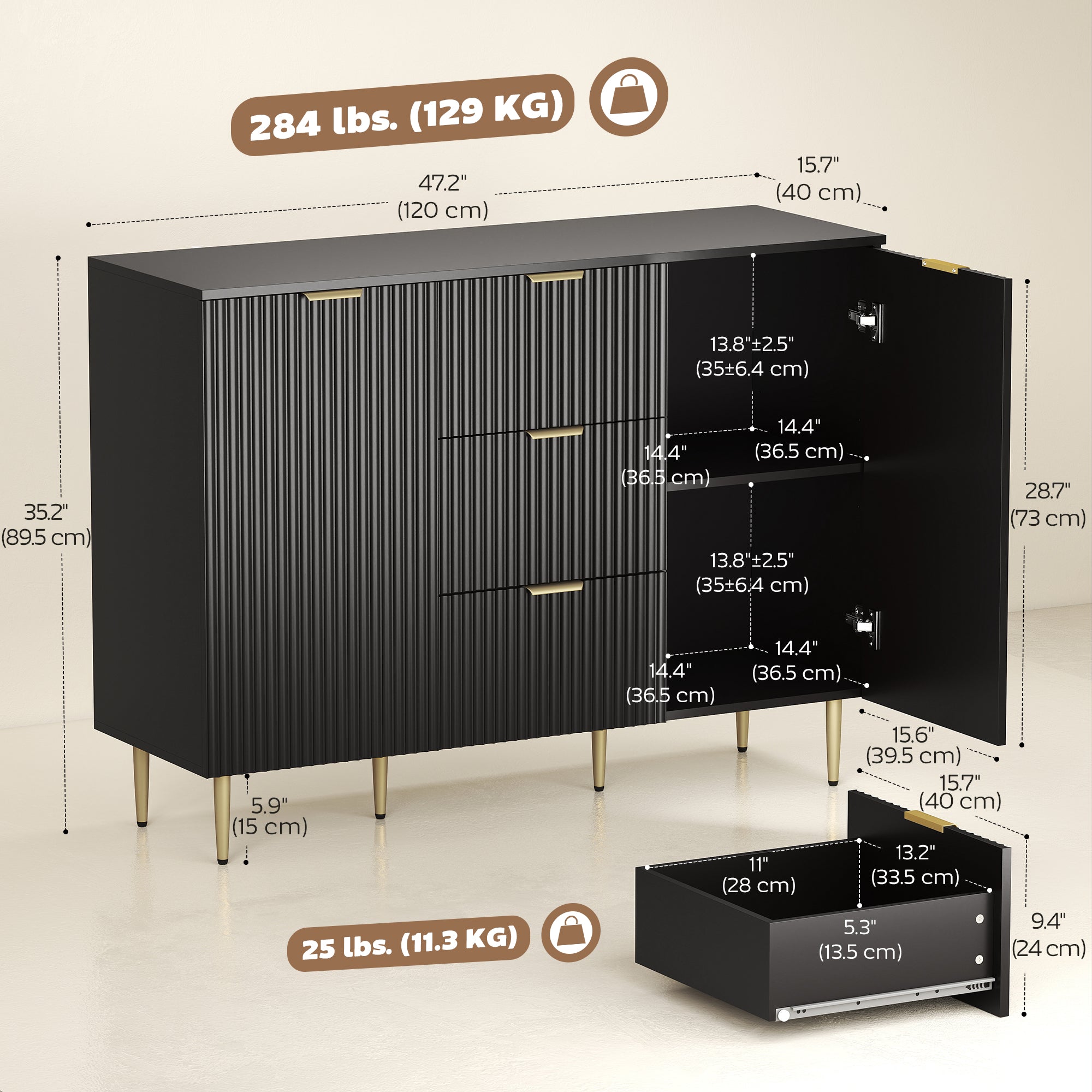 Modern Kitchen Storage Cabinet, Sideboard Buffet Cabinet w/ 3 Drawers and Adjustable Shelves for Kitchen Hallway, Black