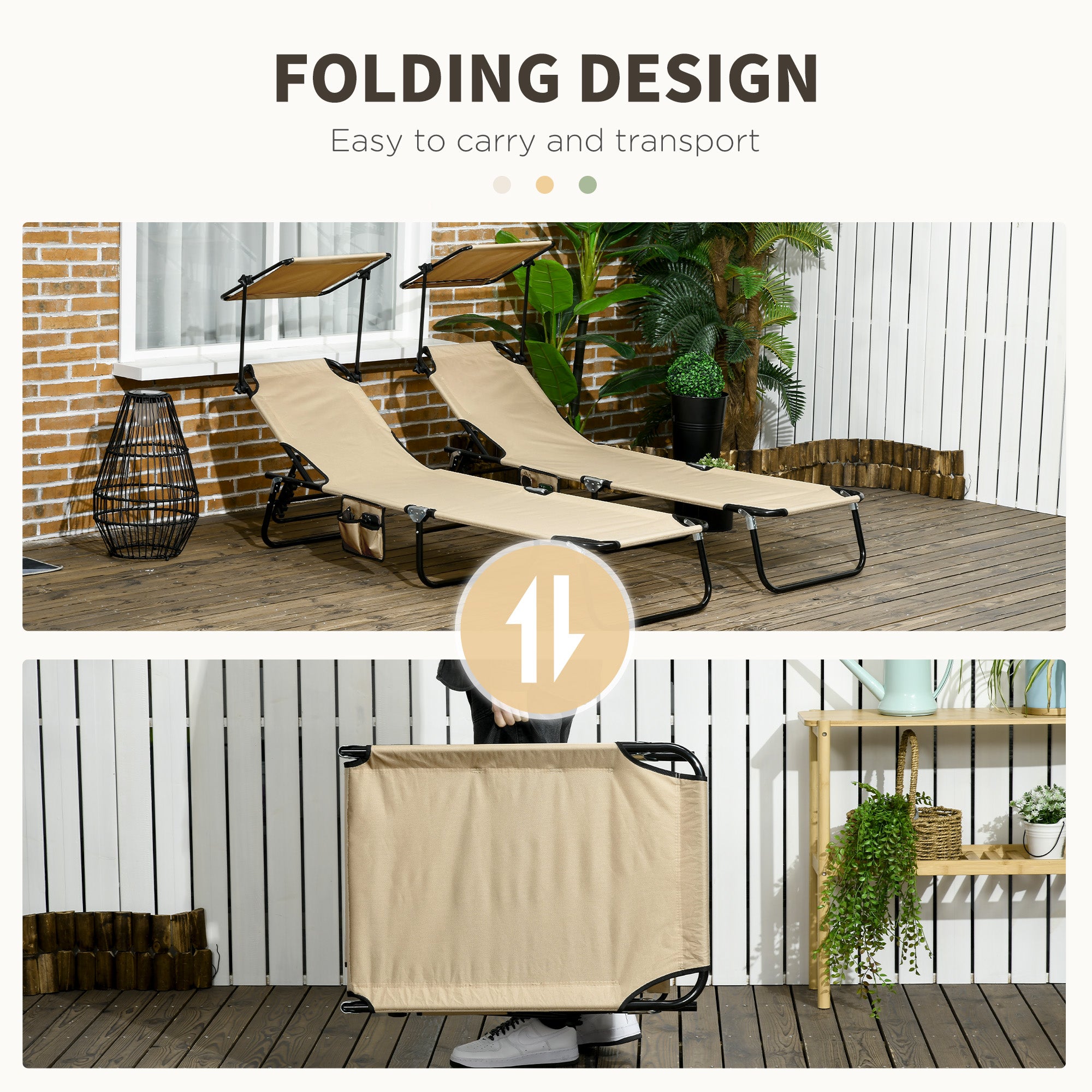 2 Piece Folding Outdoor Chaise Lounges, Pool, Sun, Tanning Chairs with Reclining Back, Sunshade for Beach, Patio, Tan