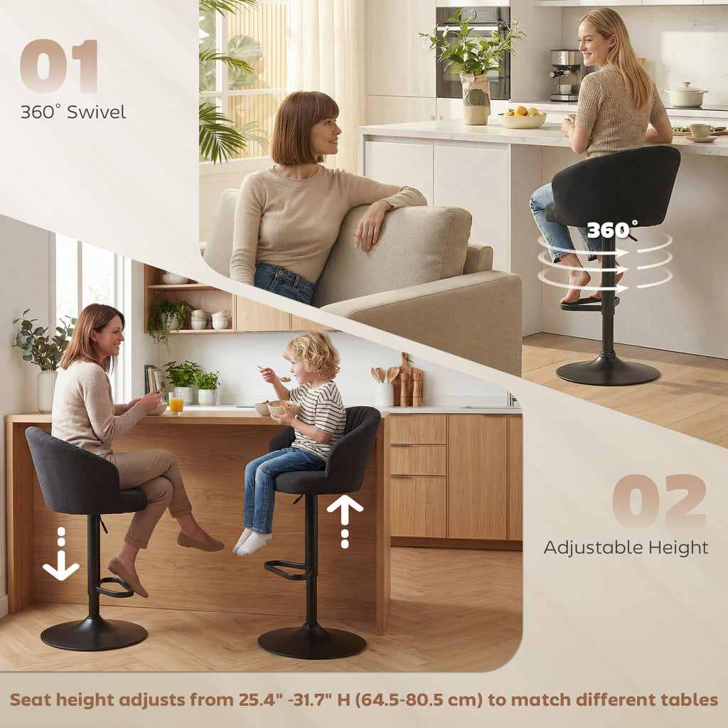 Adjustable Bar Stools Set of 2, Upholstered Kitchen Stools with Swivel Seat, Steel Frame, Footrest, â€ŽBlack