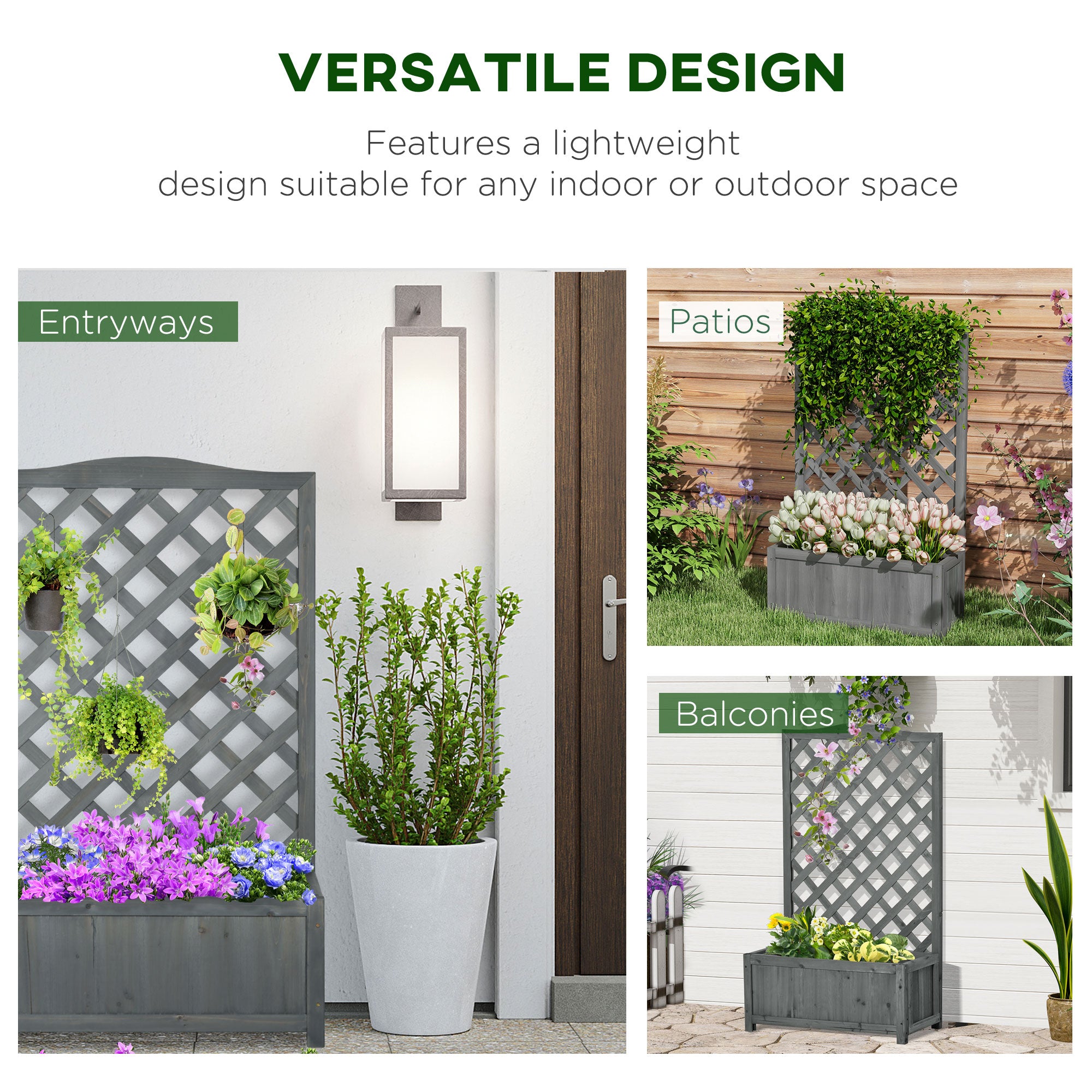 Wood Planter with Trellis for Vine Climbing, Raised Garden Bed to Grow Vegetables for Backyard, 28" x 11" x 46", Grey