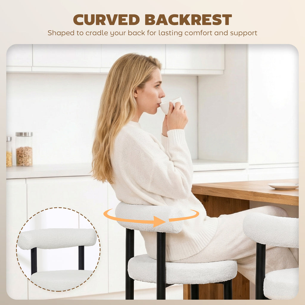 Bar Stools Set of 2, Sherpa Upholstered Barstools with Backrest, Bar Height Stools with Footrest for Kitchen Island