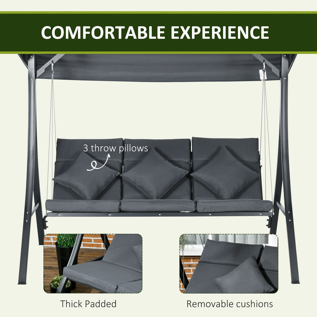 3-Person Patio Swing Chair, Outdoor Porch Swing Bench with Adjustable Canopy, Cushioned Seat, Dark Grey