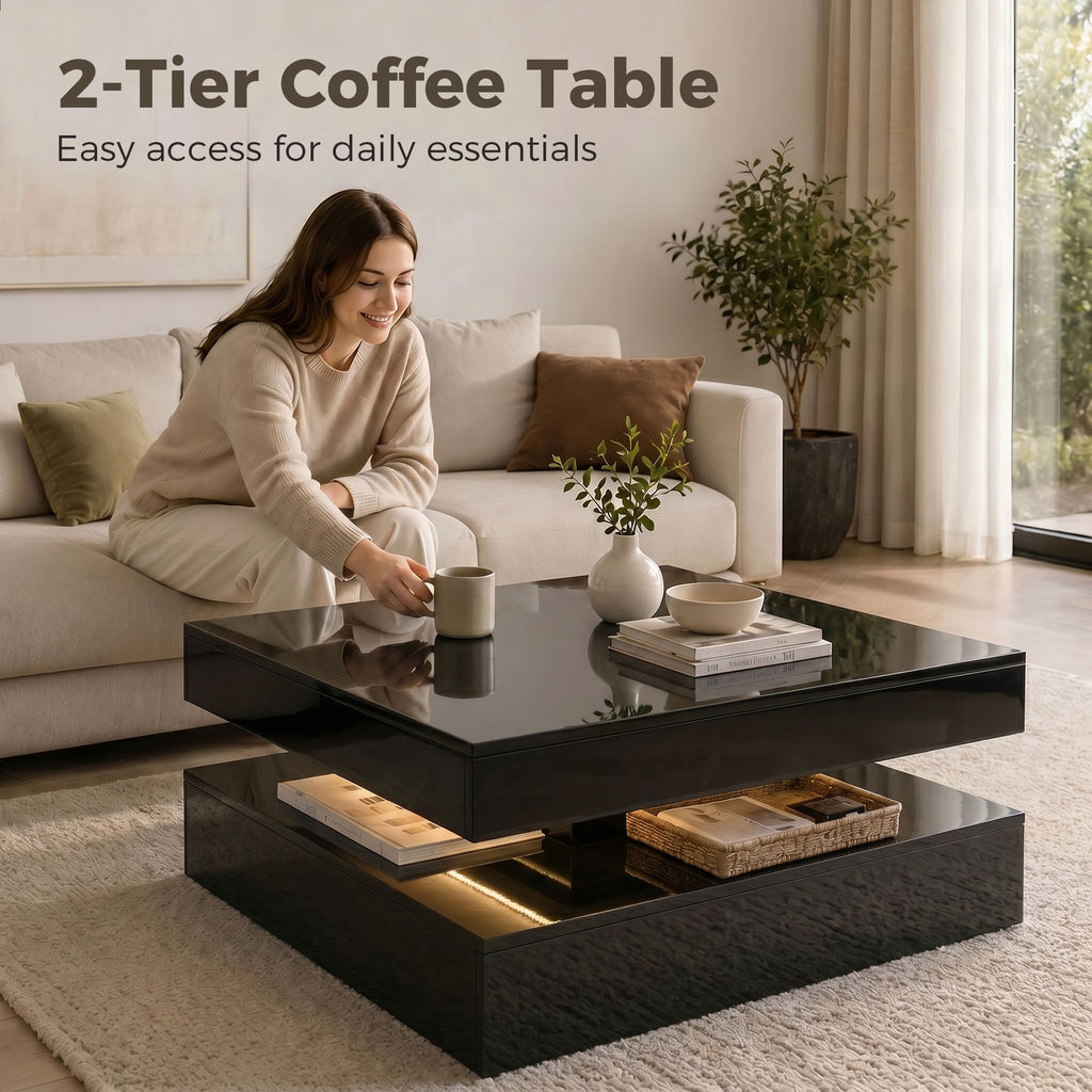 LED Coffee Table with Storage, 2-Tier Modern Center Table with Open Shelf and Remote for Living Room, High Gloss Black