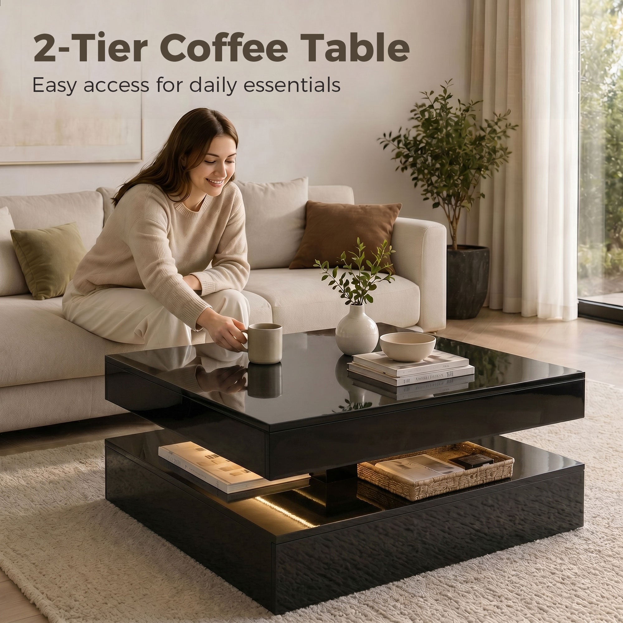 LED Coffee Table with Storage, 2-Tier Modern Center Table with Open Shelf and Remote for Living Room, High Gloss Black